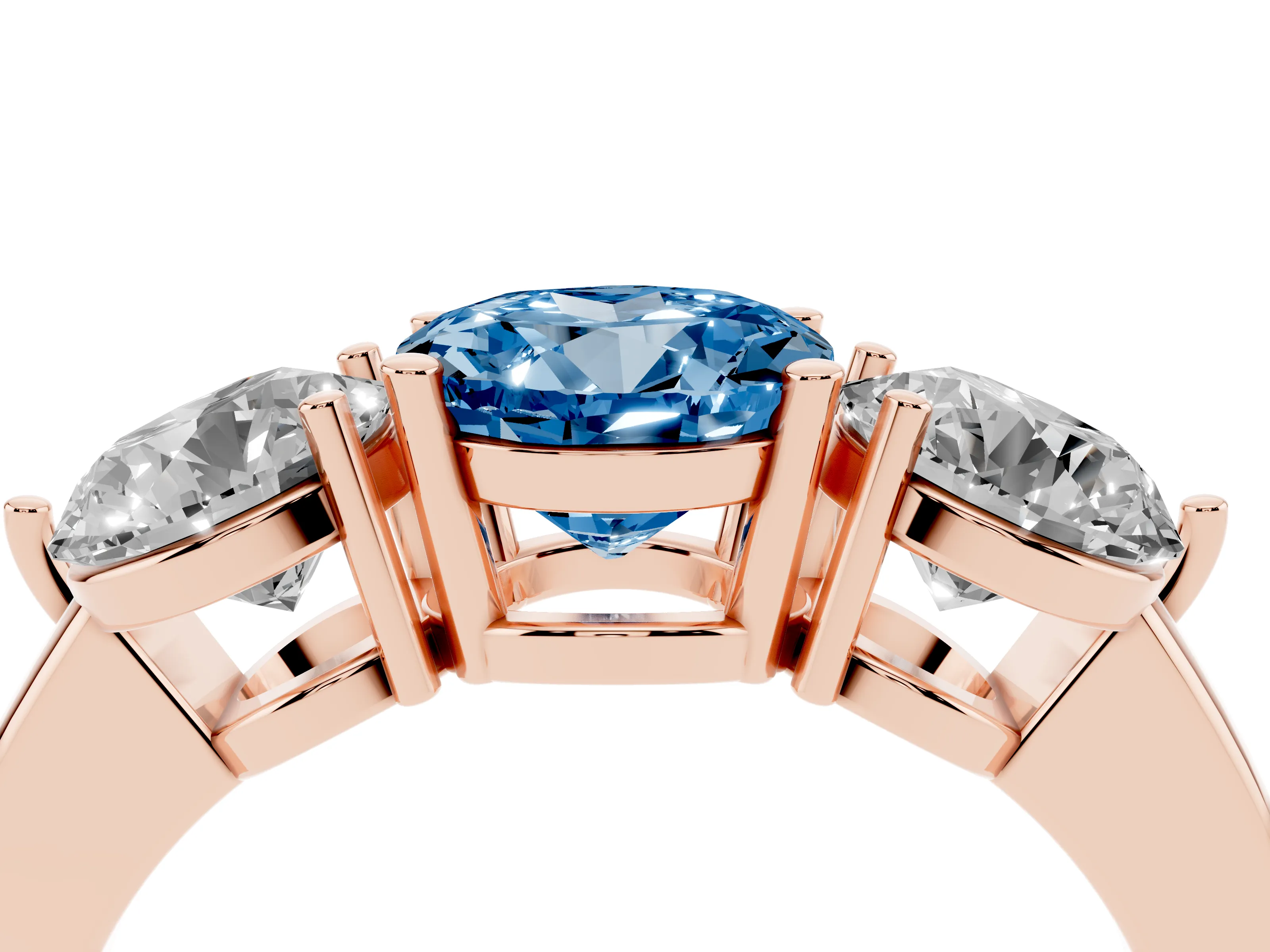 Fancy Blue Round Cut Diamond Three-Stone Ring Set in Rose gold with Prong Setting and Plain Band