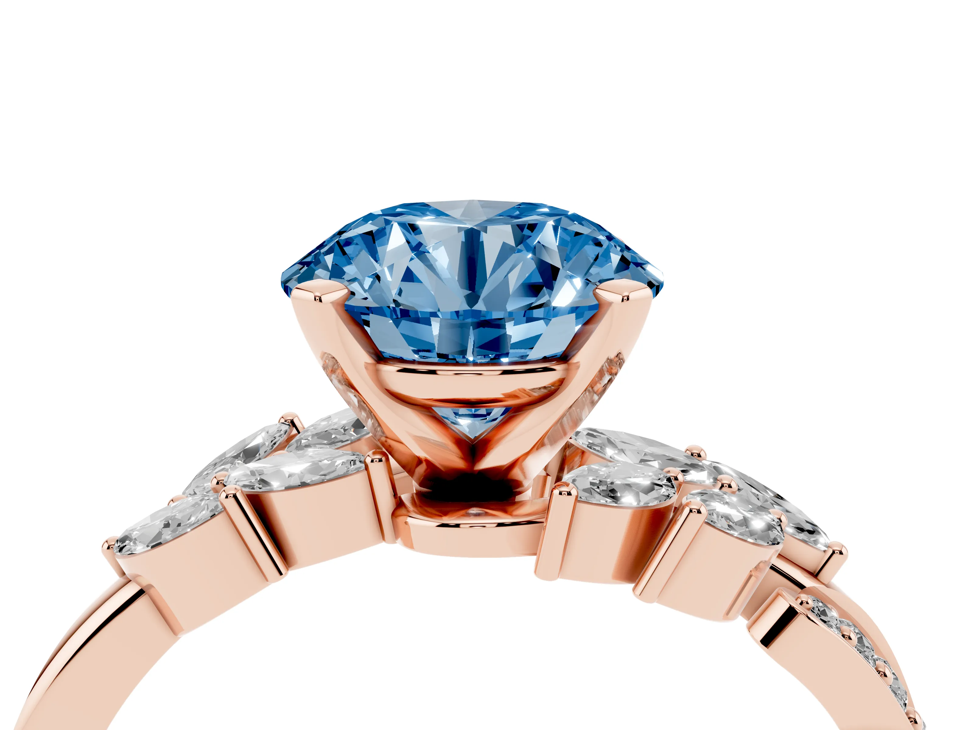 Fancy Blue Round Cut Diamond Solitaire Ring Set in Rose gold with Marquise Twist Band and Prong Setting