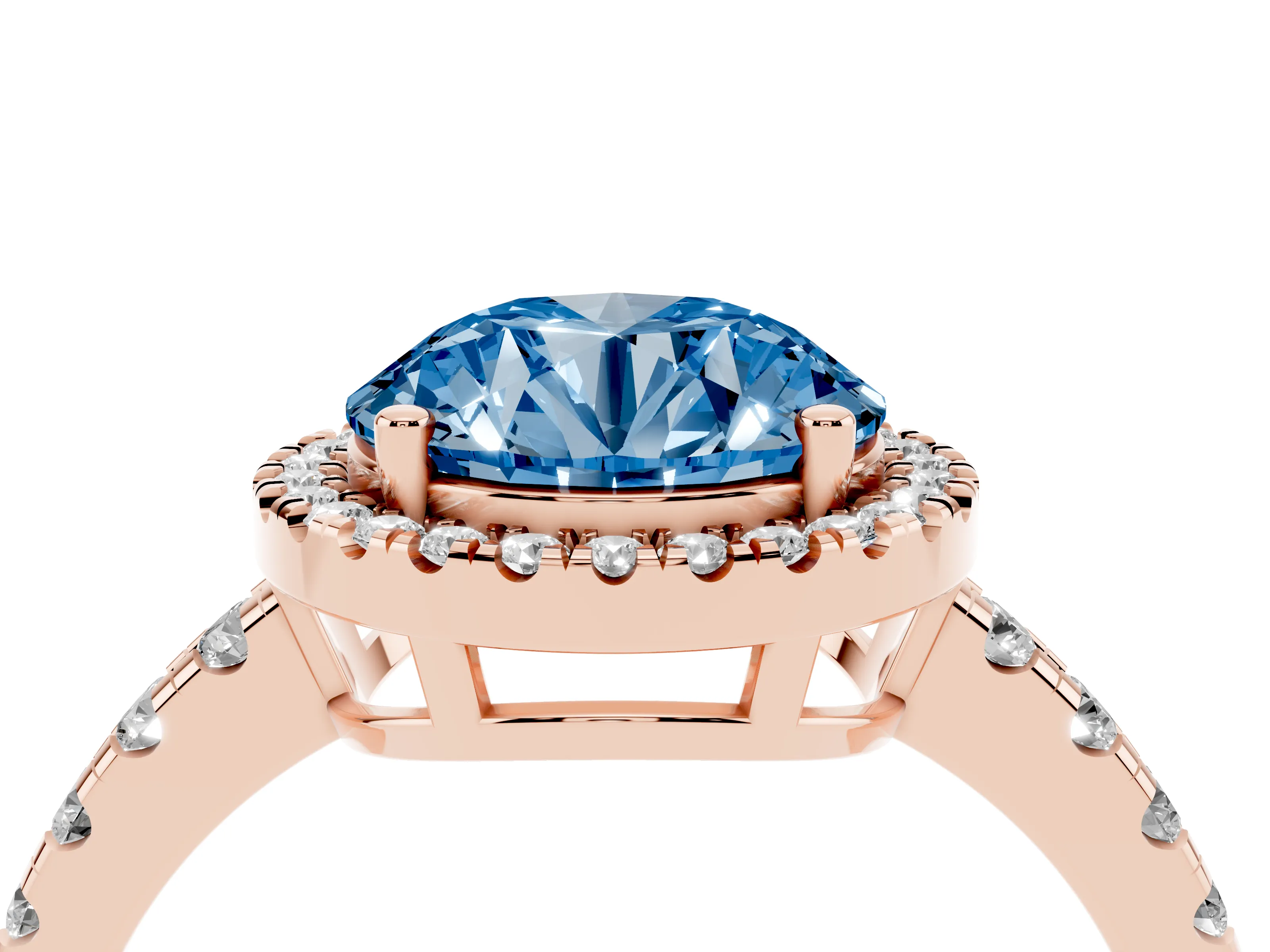 Fancy Blue Round Cut Diamond Halo Ring Set in Rose gold with Delicate Pavé Band and Prong Setting