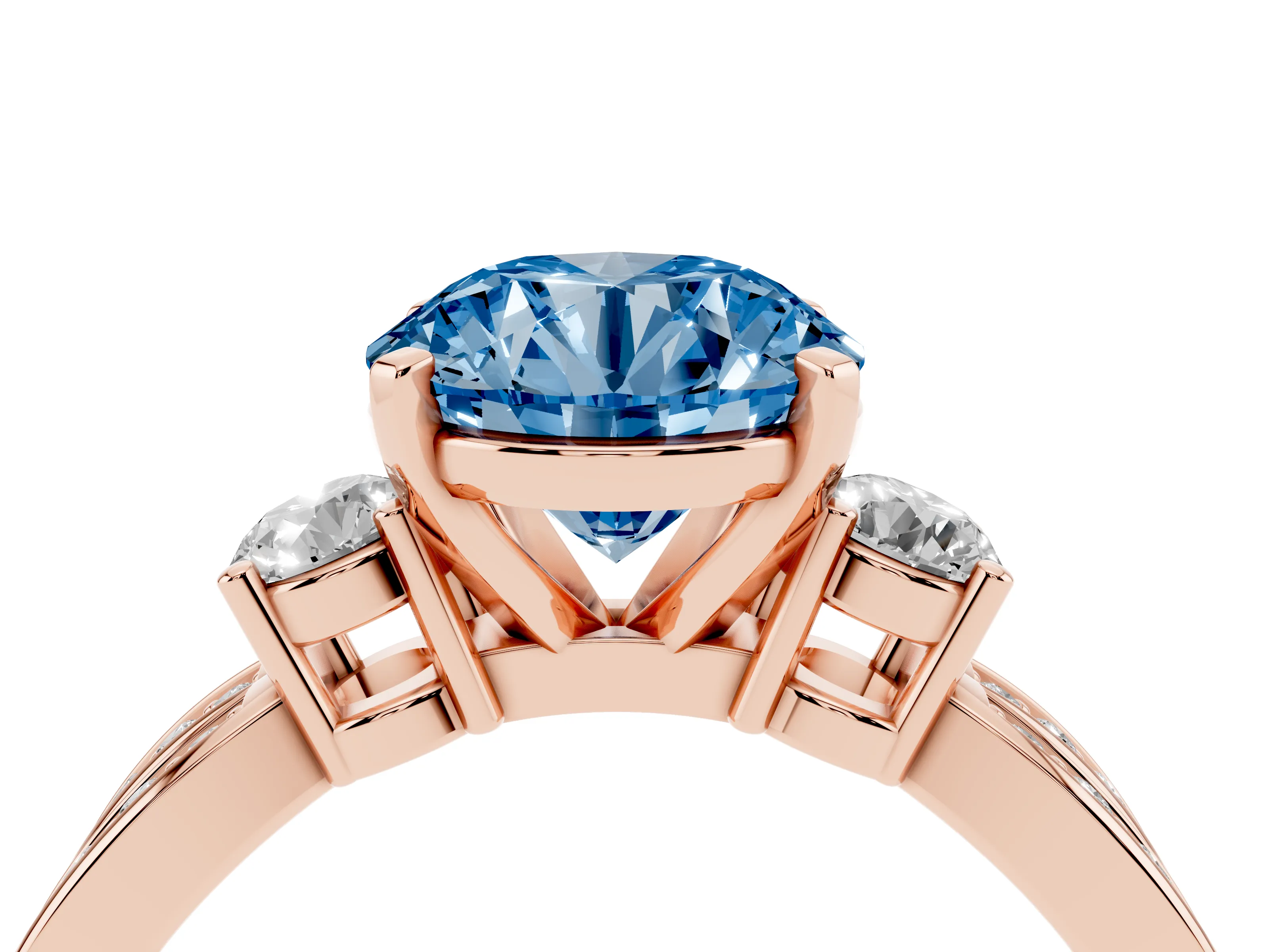 Fancy Blue Three-Stone Round Cut Diamond Twist Band Ring Set in Rose gold with Pavé Accents and Prong Setting