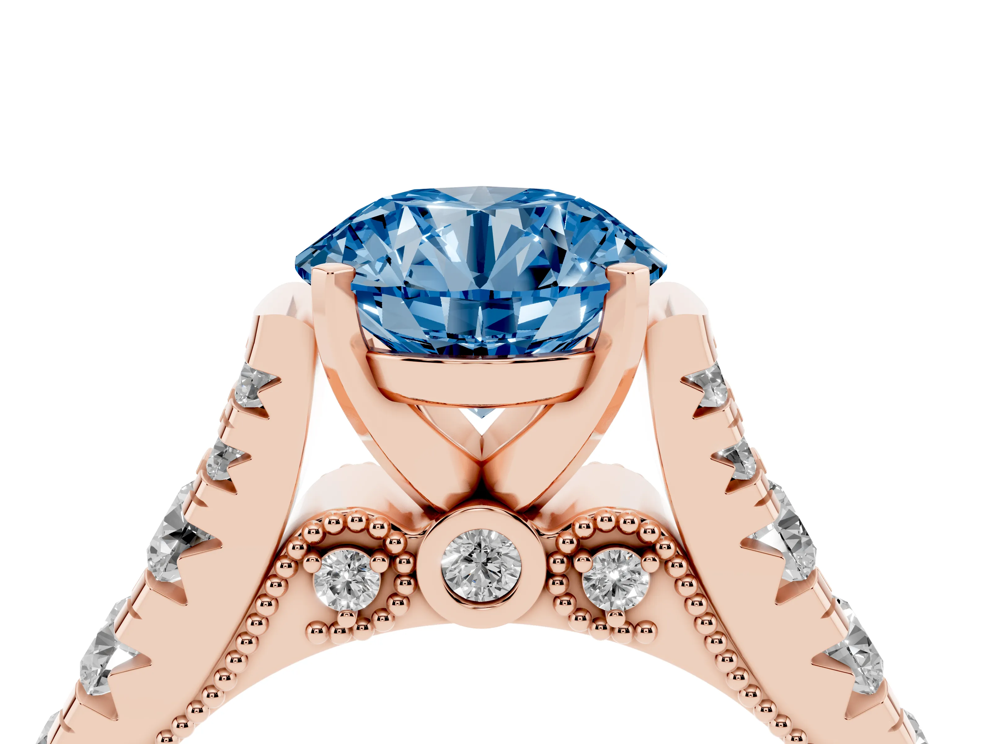 Fancy Blue Round Cut Diamond Classic Solitaire Ring Set in Rose gold with Pavé Band and Prong Setting
