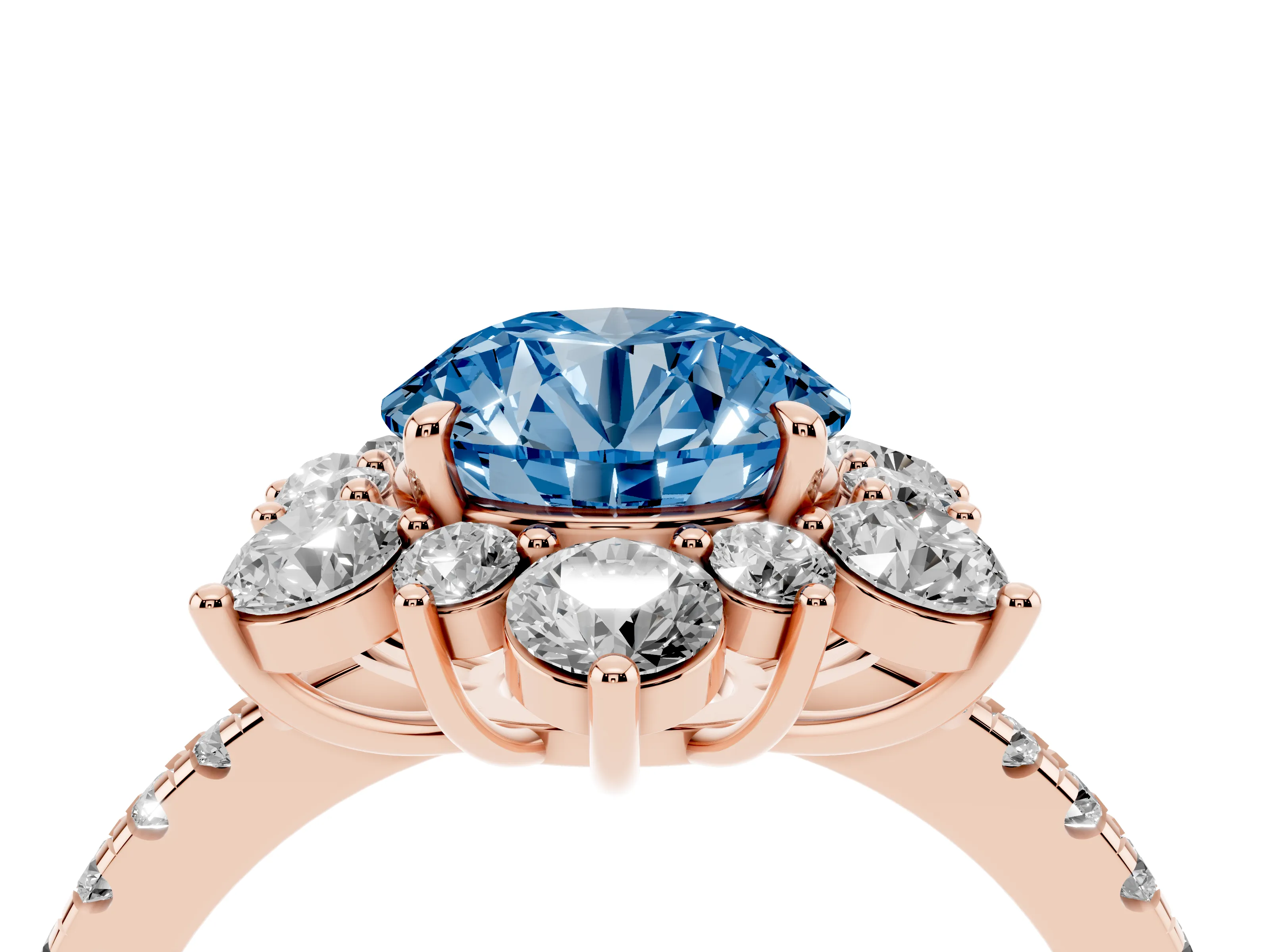 Fancy Blue Round Cut Diamond Floral Halo Ring Set in Rose gold with Round Pavé Band and Prong Setting