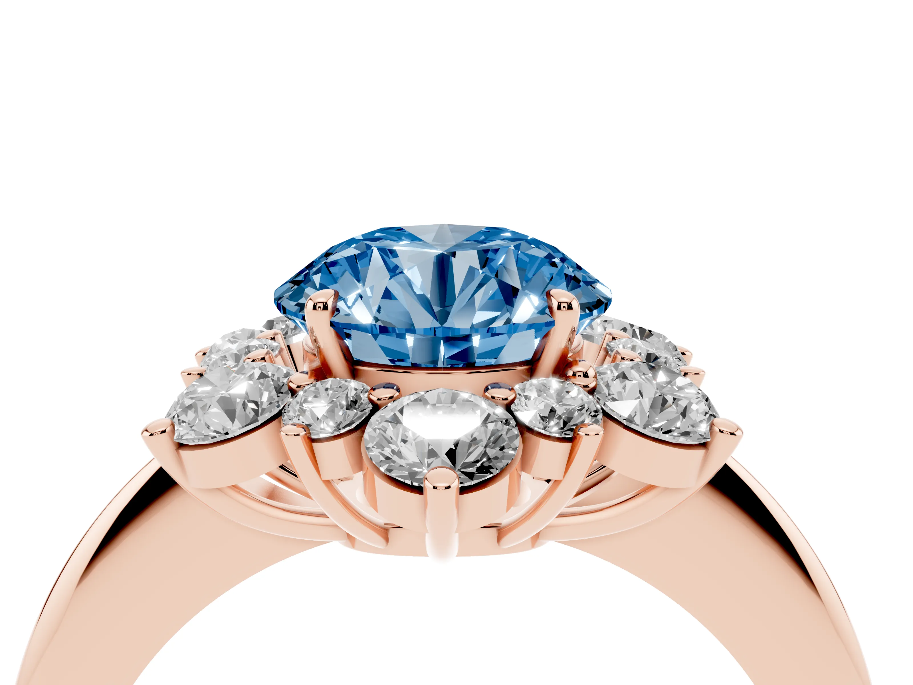 Fancy Blue Round Cut Diamond Cluster Halo Ring Set in Rose gold with Solitaire Band and Prong Setting