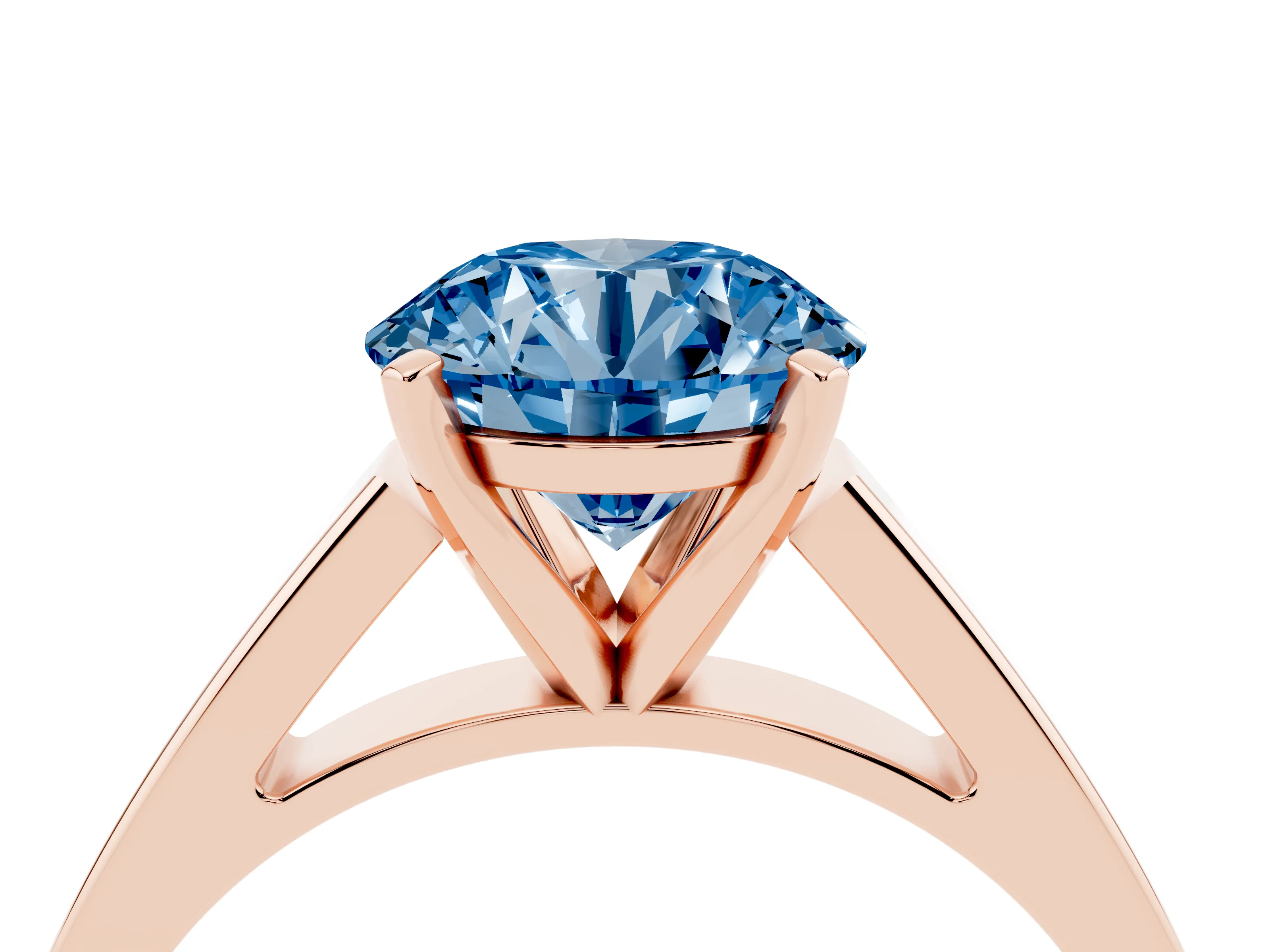 Fancy Blue Round Cut Diamond Solitaire Engagement Ring Set in Rose gold with Prong Setting and Tapered Band