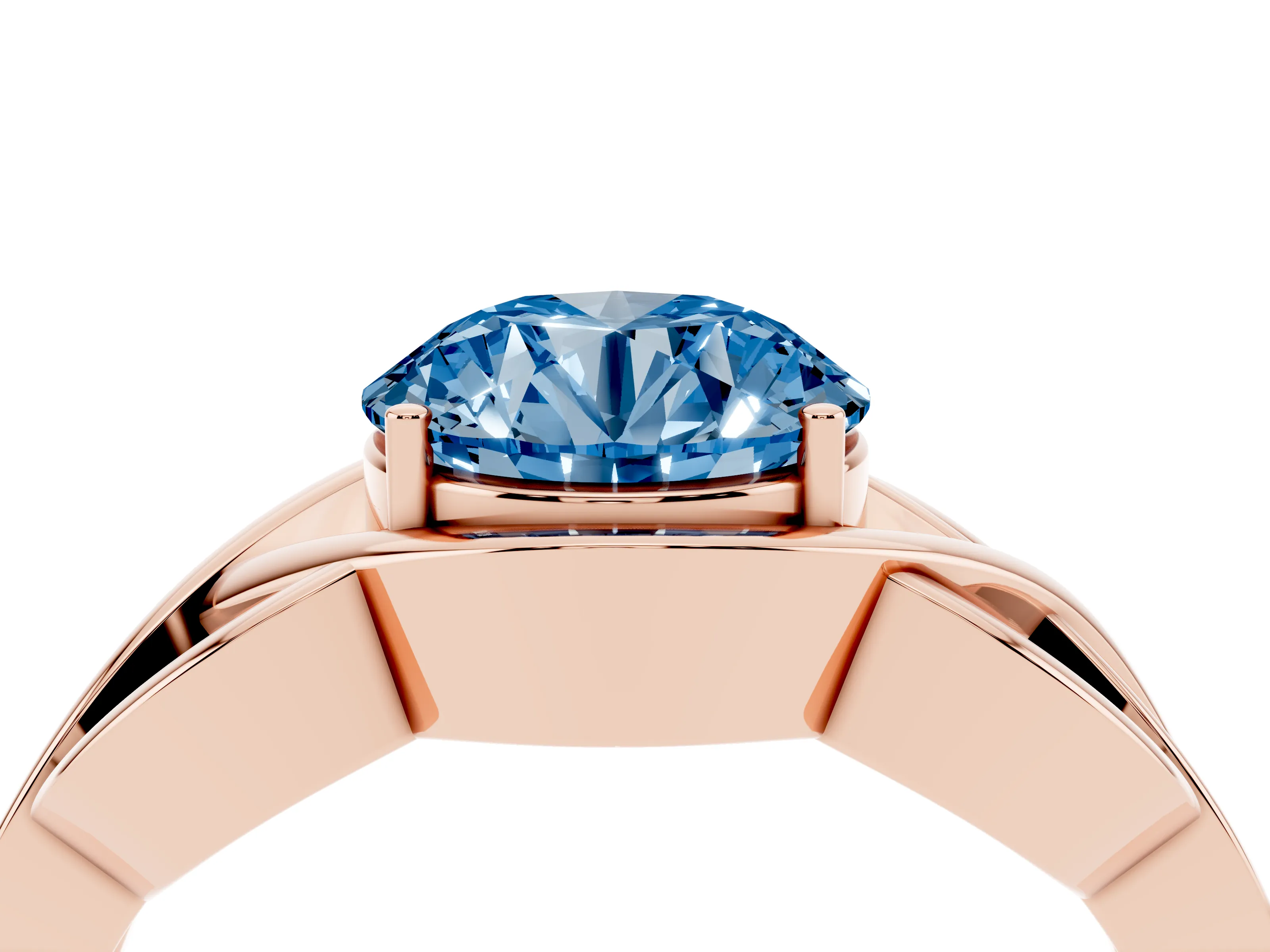 Fancy Blue Round Cut Diamond Solitaire Ring Set in Rose gold with Intertwined Band