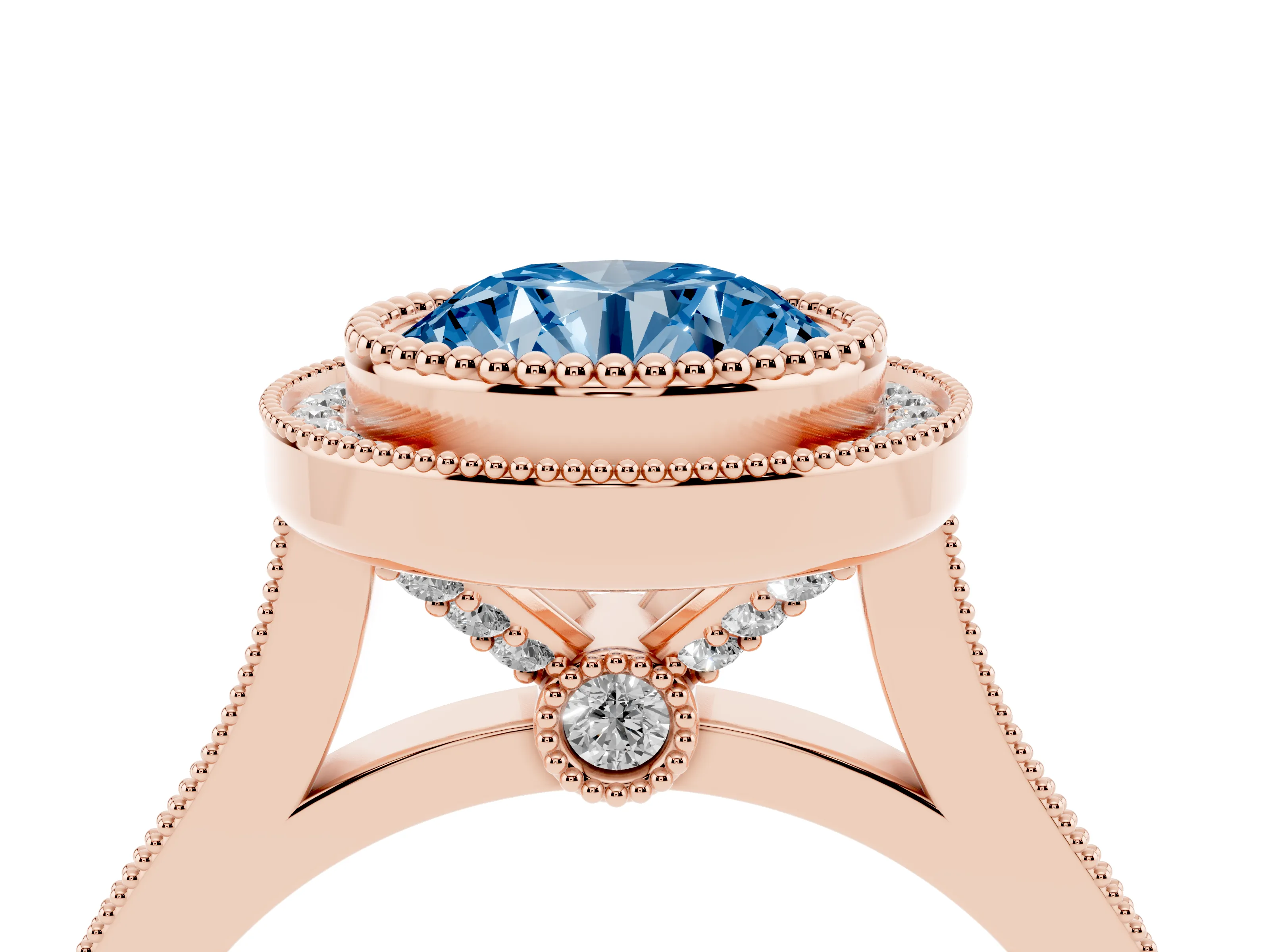Fancy Blue Round Cut Diamond Halo Ring Set in Rose gold with Milgrain Frame and Pavé Band