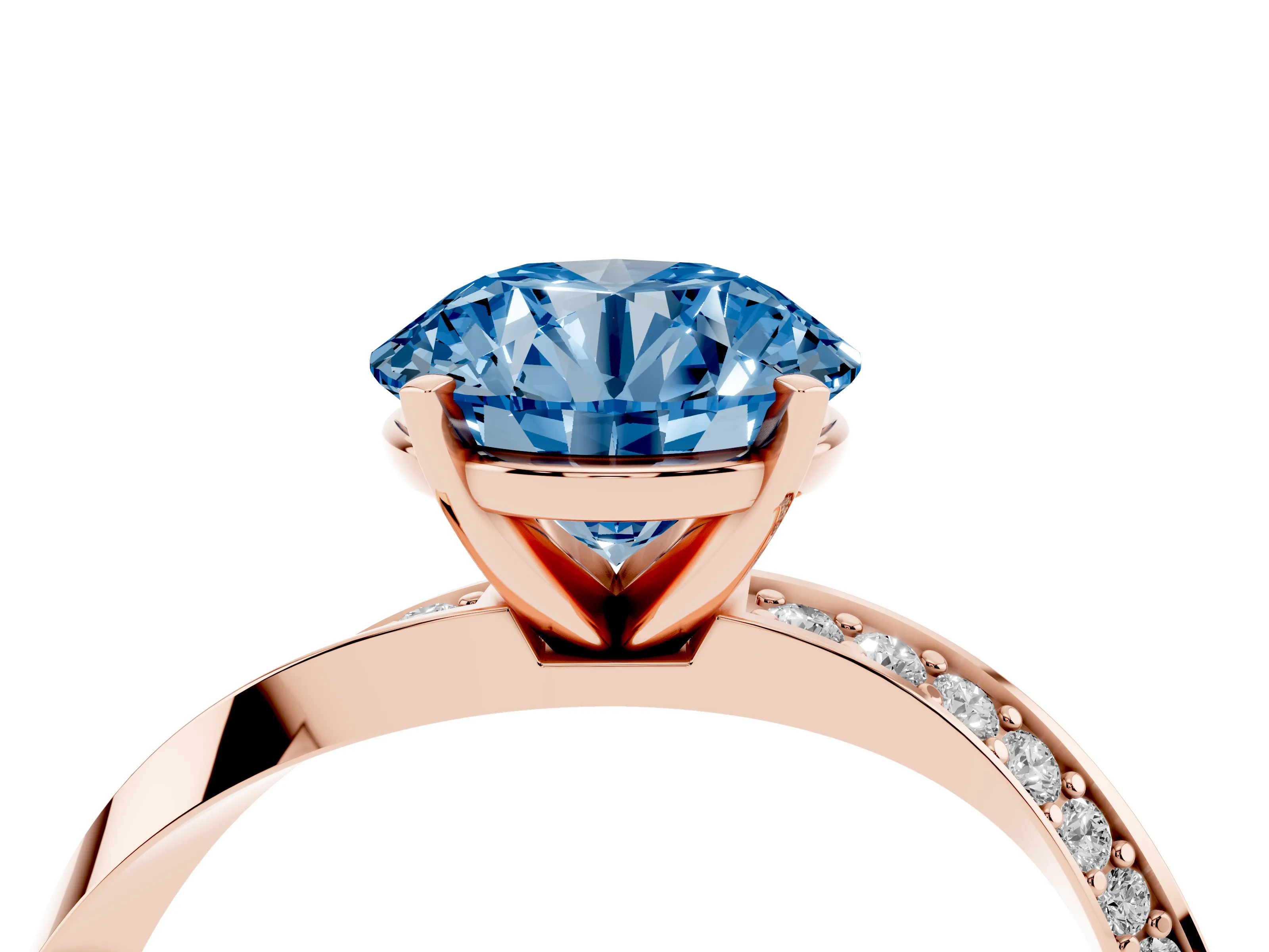 Fancy Blue Round Cut Diamond Engagement Ring Set in Rose gold with Side Stone Accents and Prong Setting