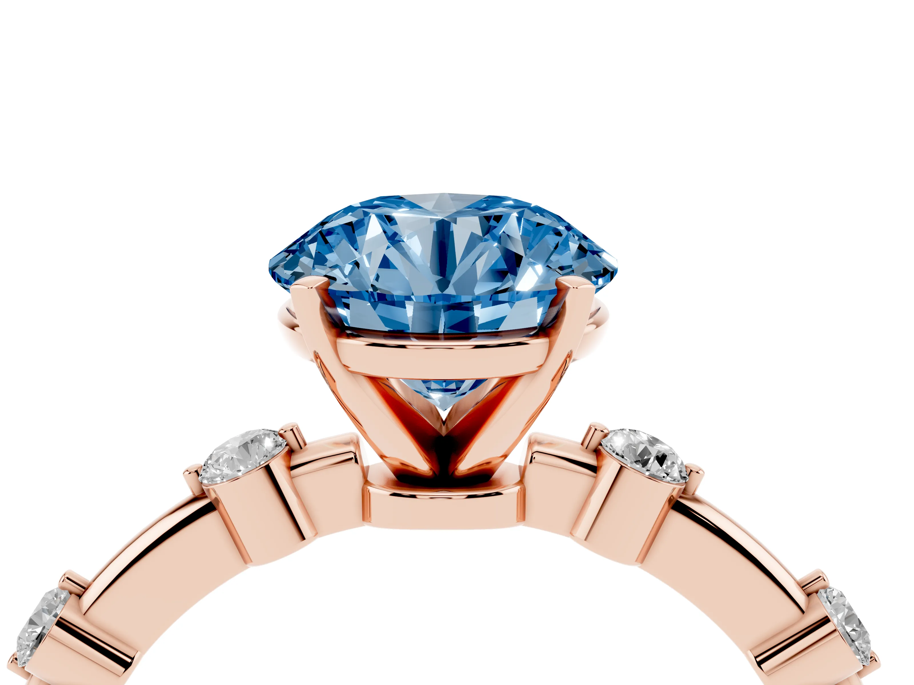 Fancy Blue Round Cut Diamond Solitaire Ring Set in Rose gold with Bezel Set Side Stones and Prong Setting