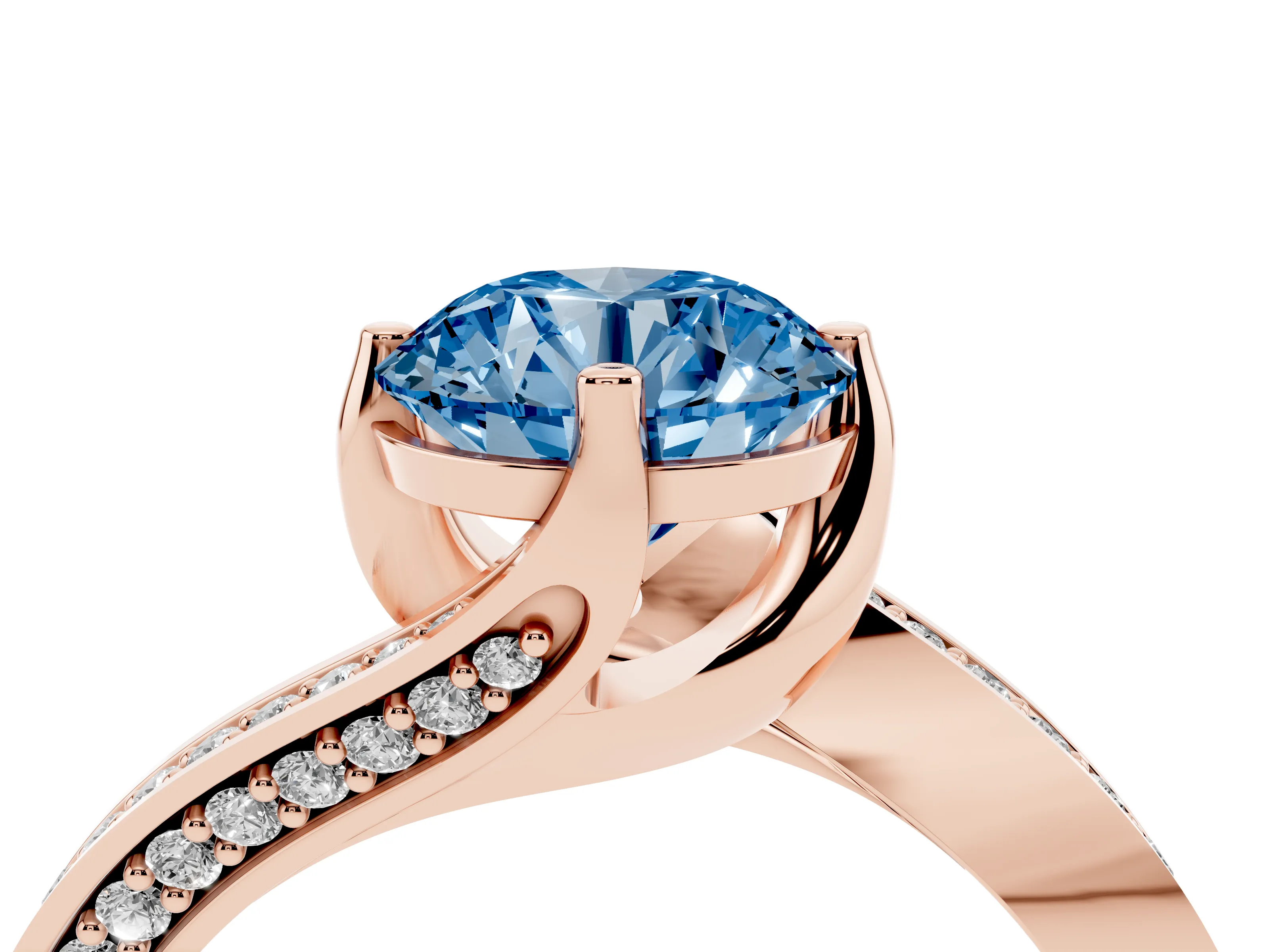 Fancy Blue Round Cut Diamond Solitaire Ring Set in Rose gold with Intertwined Pavé Twist Band
