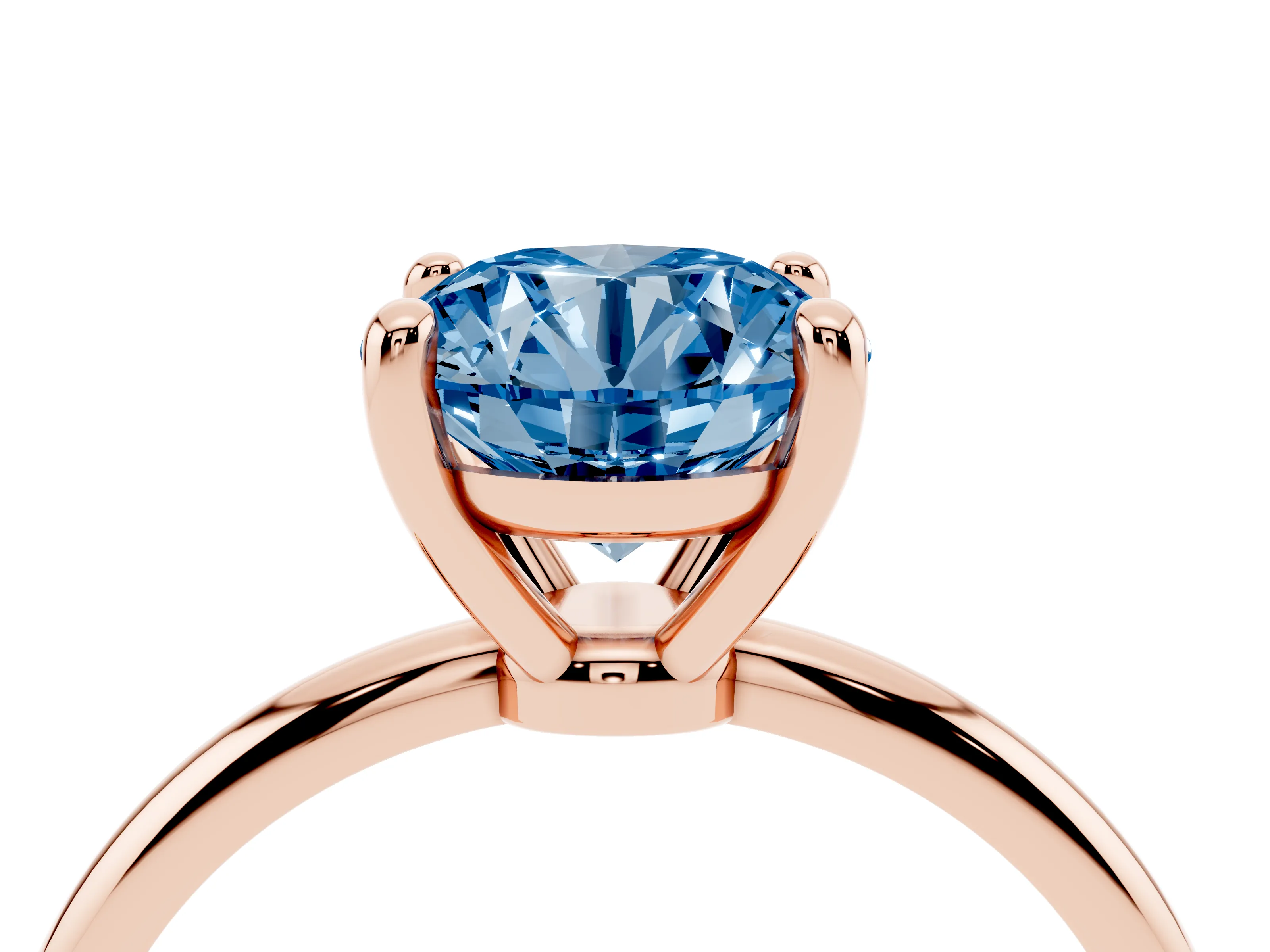 Fancy Blue Round Cut Diamond Solitaire Ring Set in Rose gold with Secure Prong Setting on a Classic Band