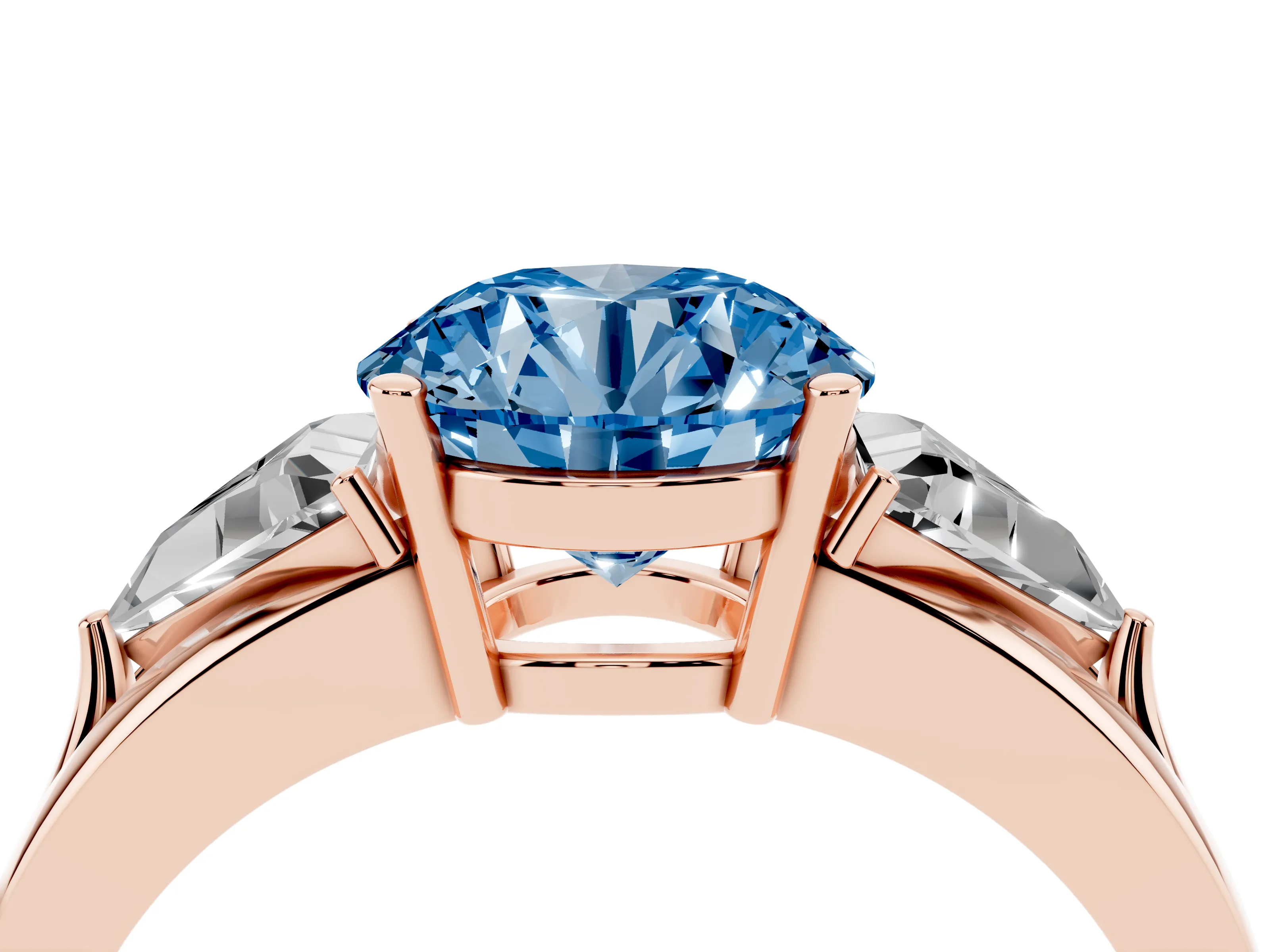 Fancy Blue Round Cut Diamond Three-Stone Ring Set in Rose gold with Trillion Side Stones and Split Shank