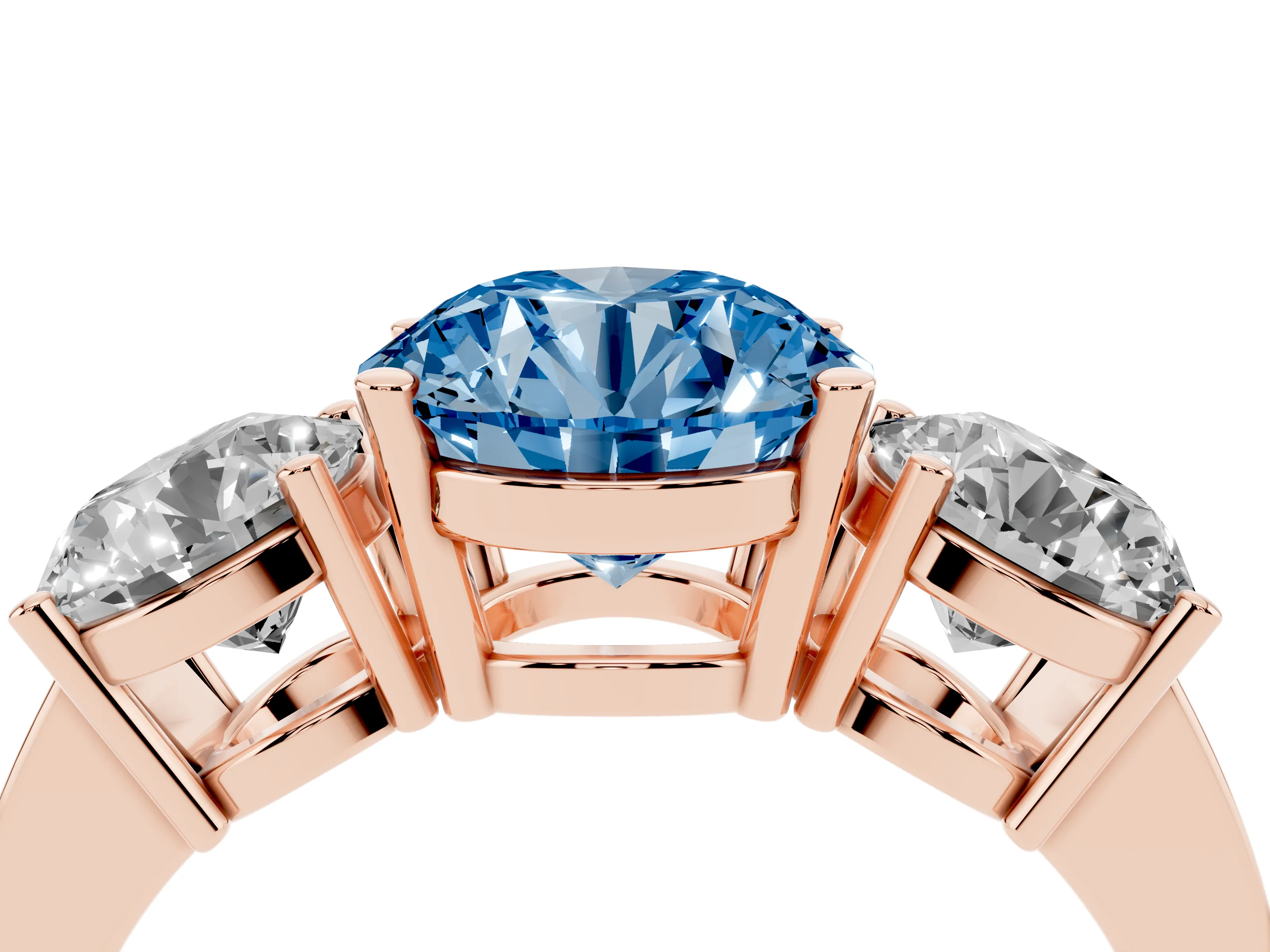 Fancy Blue Round Cut Diamond Three-Stone Engagement Ring Set in Rose gold with Flat Band