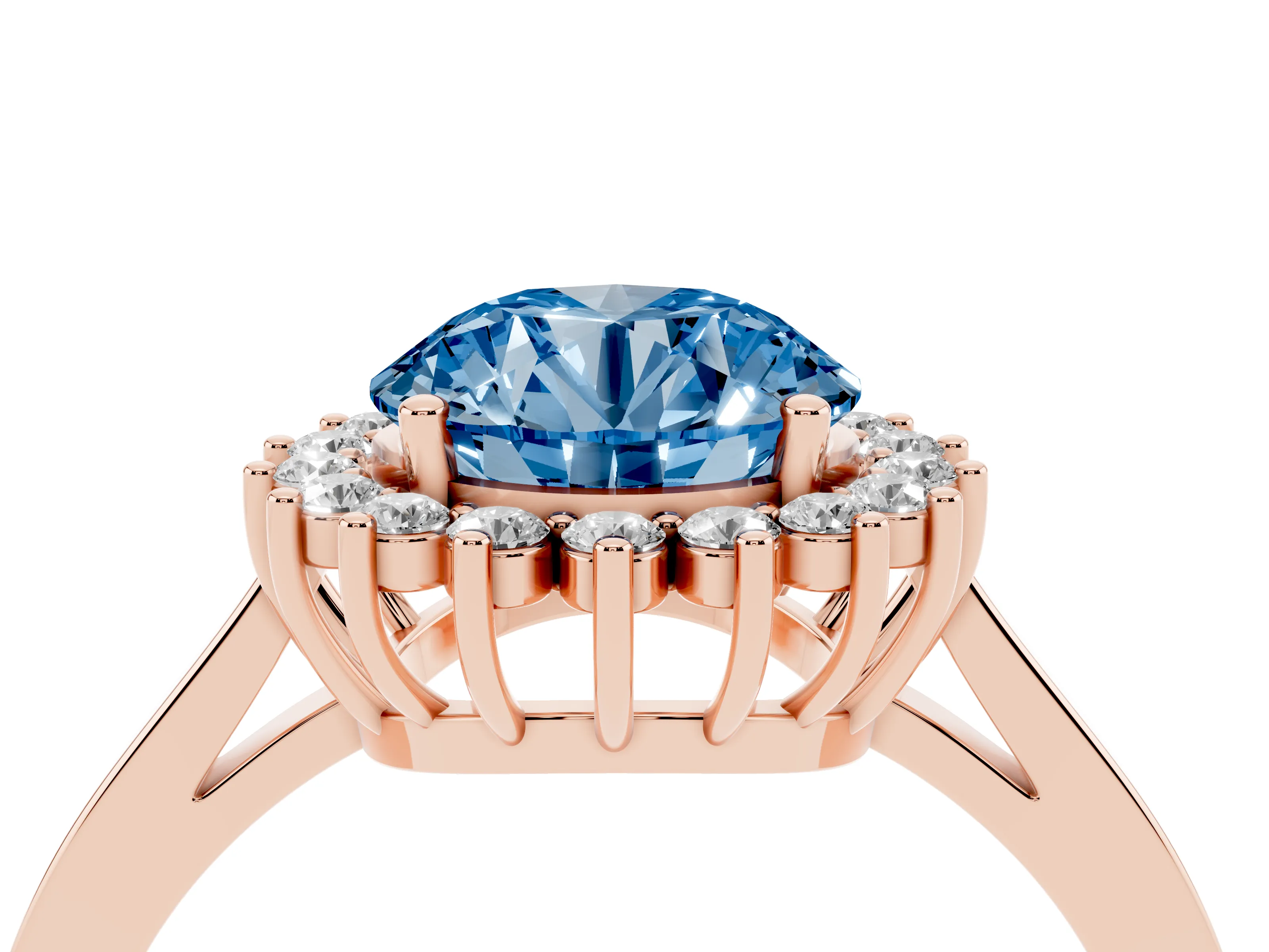 Fancy Blue Round Cut Diamond Halo Ring Set in Rose gold with Round Halo and Smooth Solitaire Band