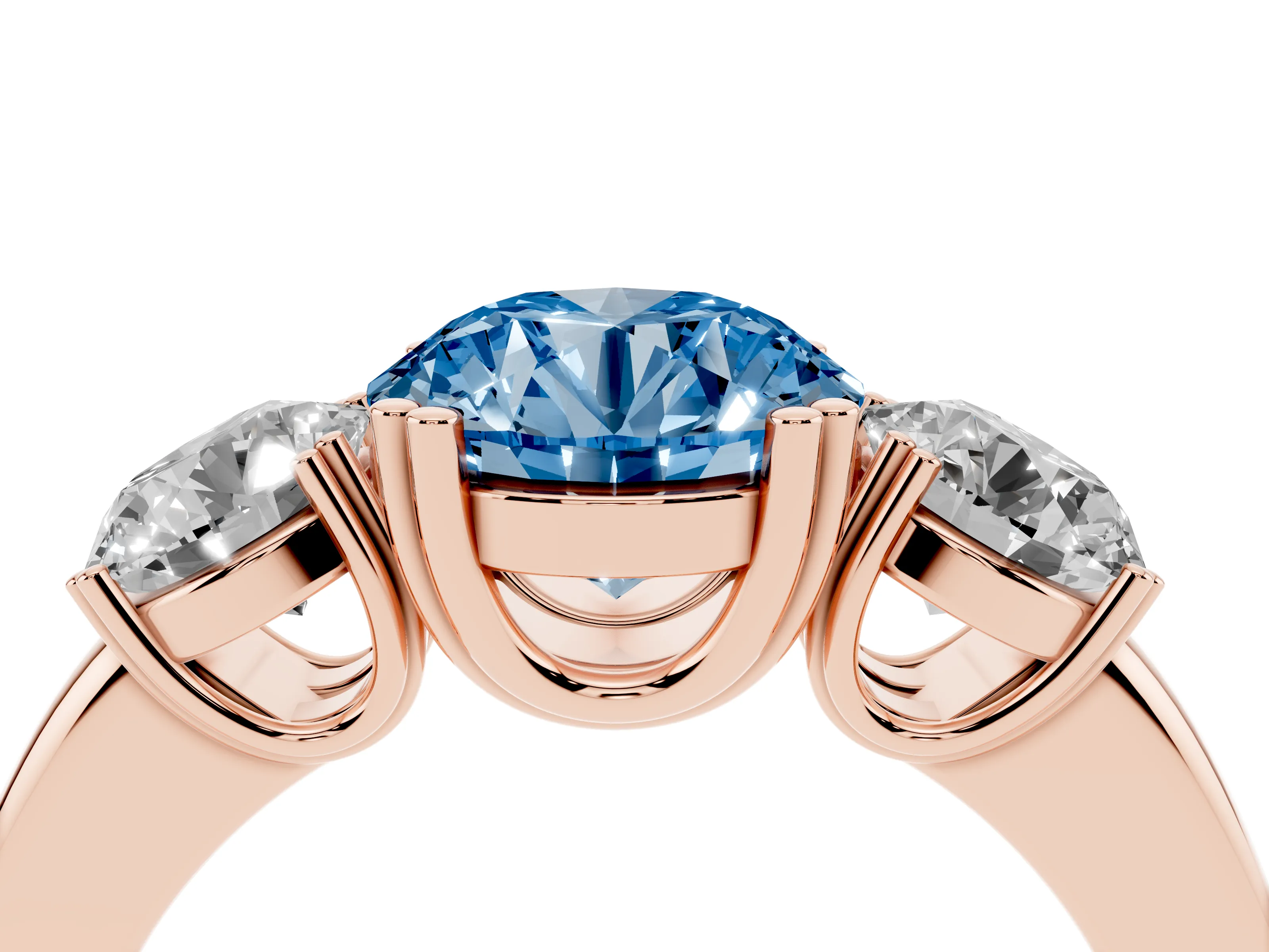 Fancy Blue Round Cut Diamond Three-Stone Ring Set in Rose gold with Polished Channel-Set Band