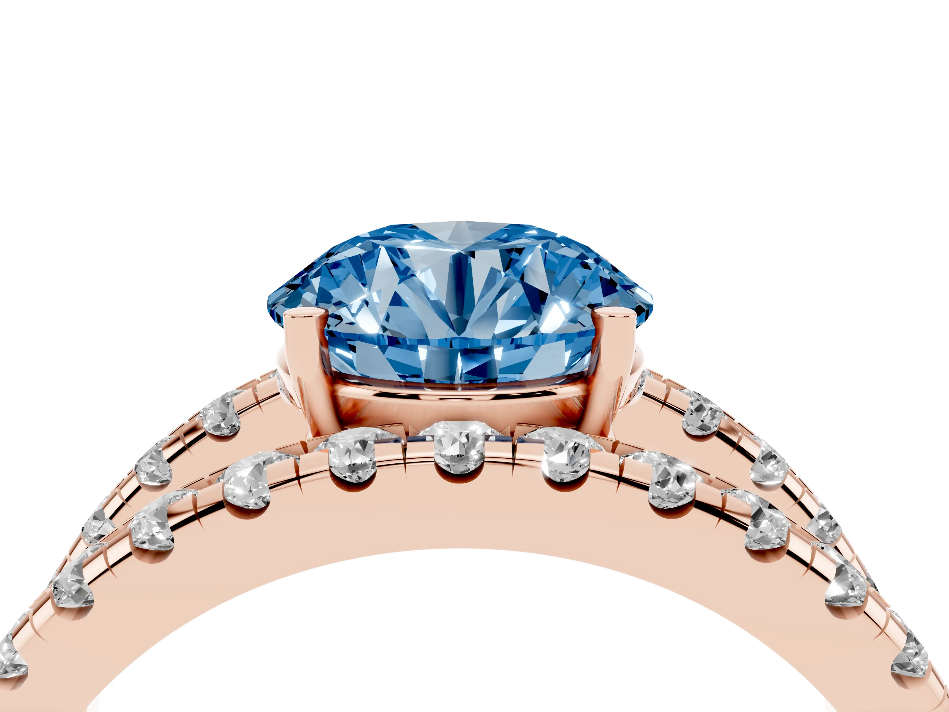 Fancy Blue Round Cut Diamond Split Shank Pavé Solitaire Ring Set in Rose gold with Open Shank Design