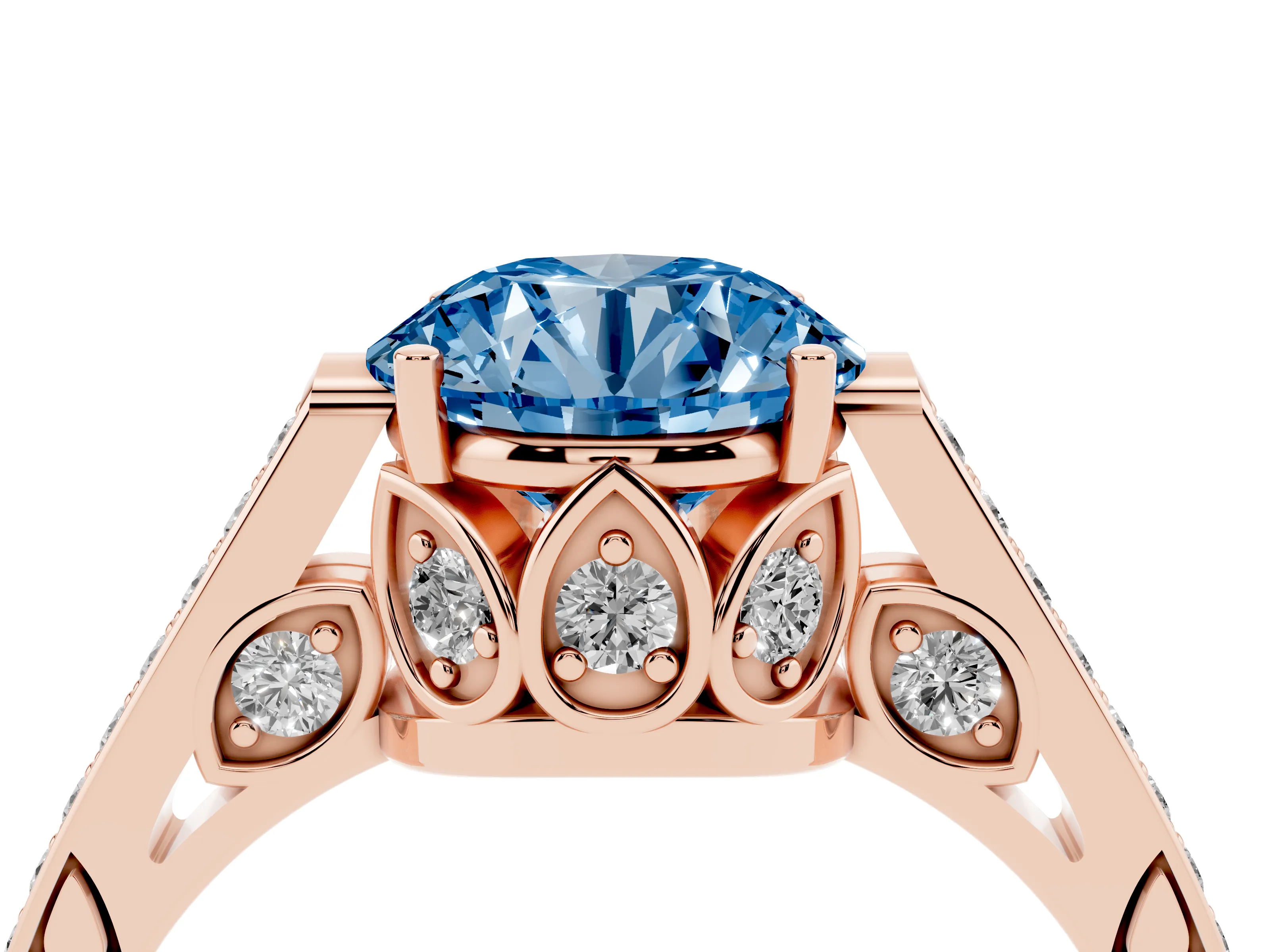 Fancy Blue Round Cut Diamond Cathedral Pavé Engagement Ring Set in Rose gold with Prong Setting