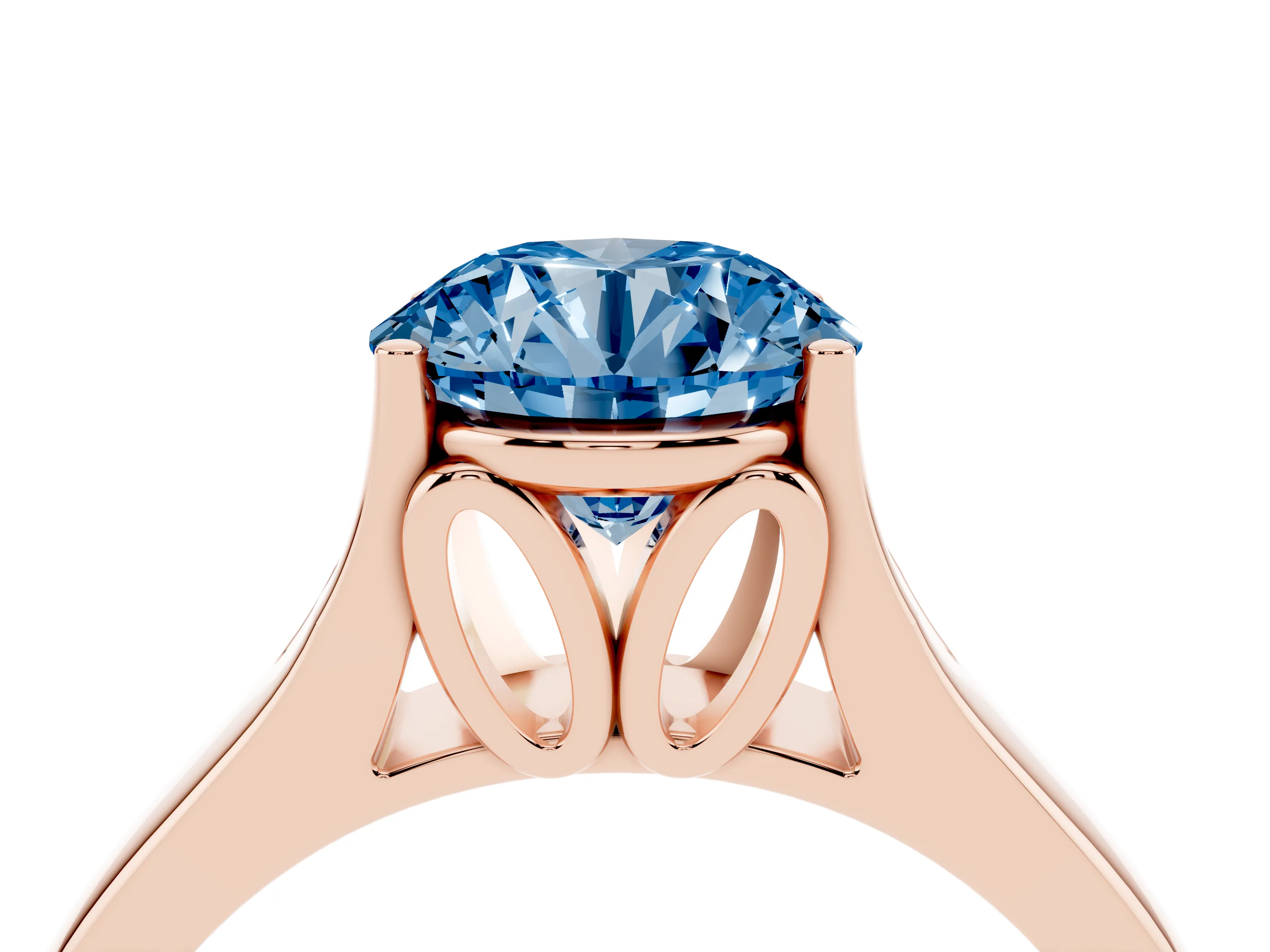 Fancy Blue Round Cut Diamond Solitaire Ring Set in Rose gold with Arched Cathedral Band and Prong Setting
