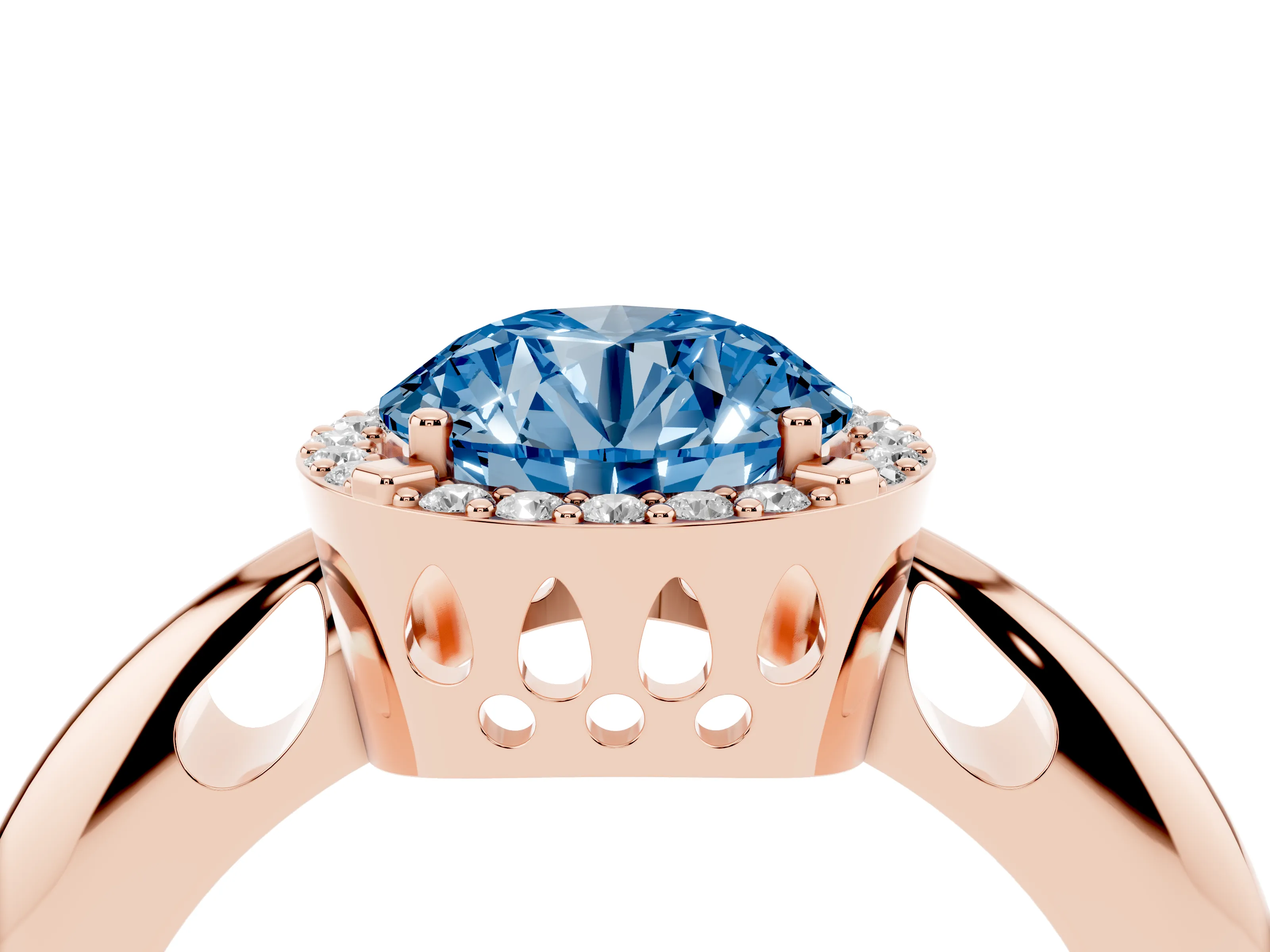 Fancy Blue Round Cut Diamond Halo Engagement Ring Set in Rose gold with Plain Split Shank and Prong Setting