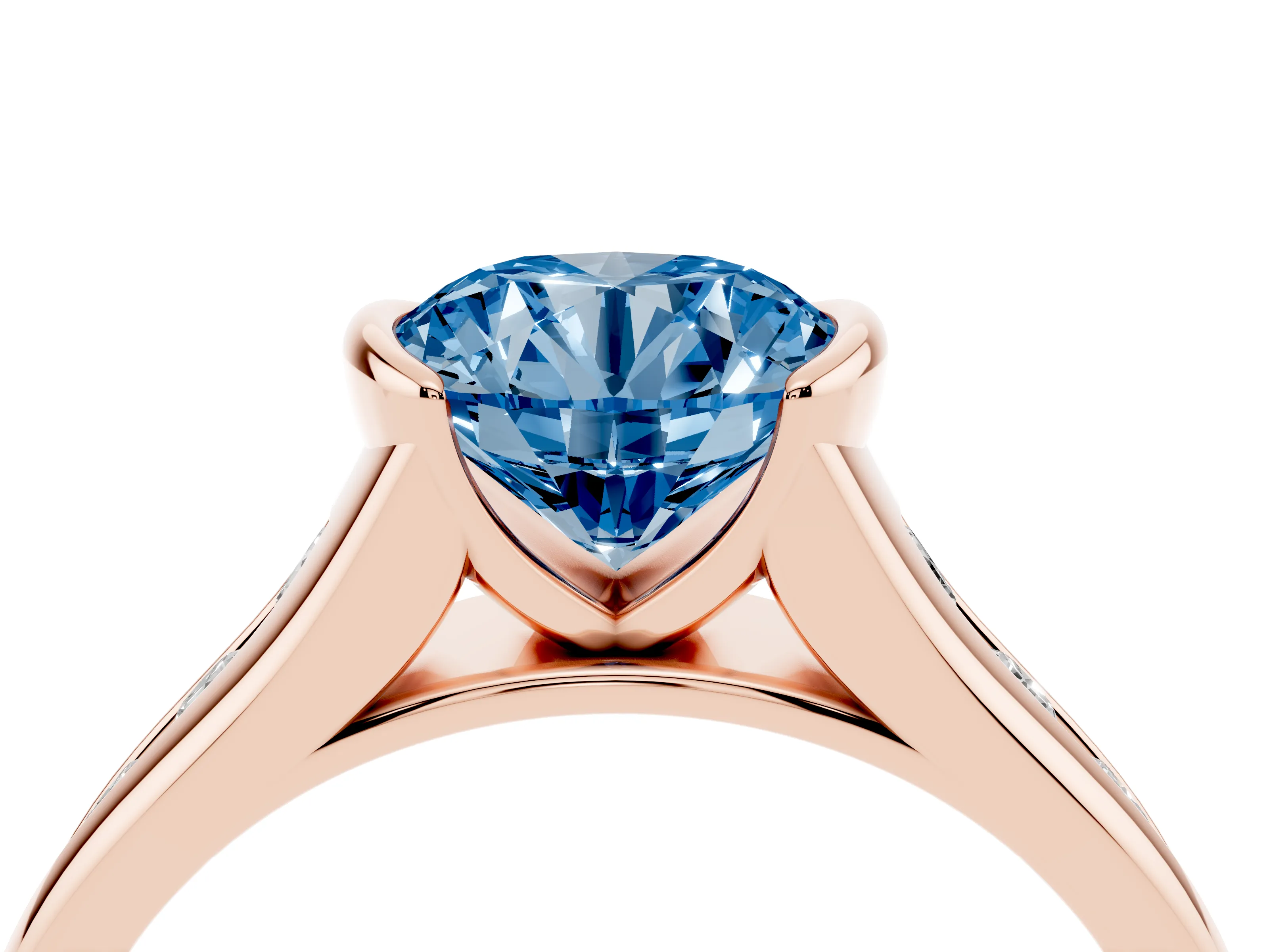 Fancy Blue Round Cut Diamond Bezel-Set Solitaire Ring Set in Rose gold with Channel-Set Band
