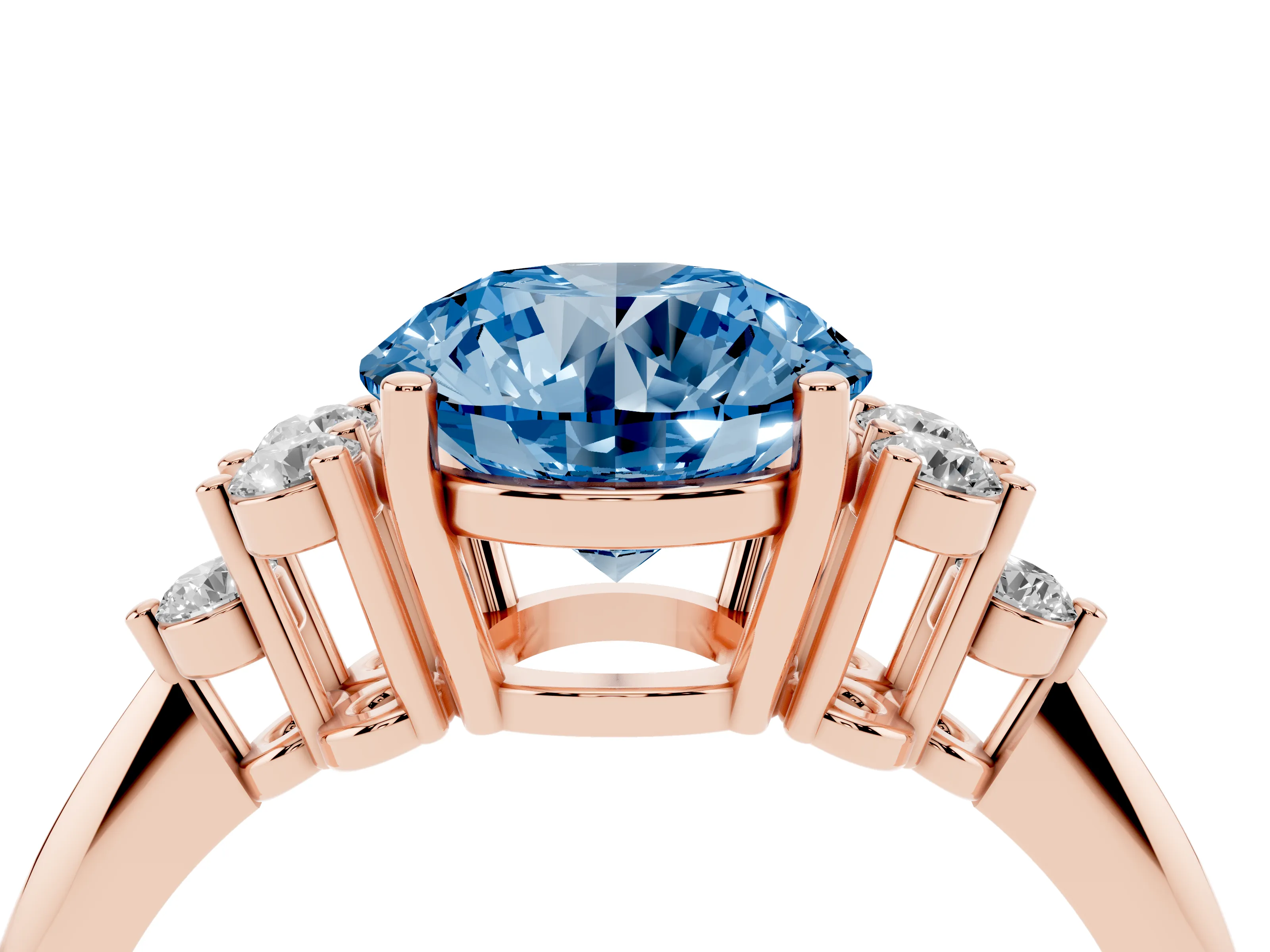 Fancy Blue Round Cut Diamond Cluster Ring Set in Rose gold with Plain Band and Prong Setting