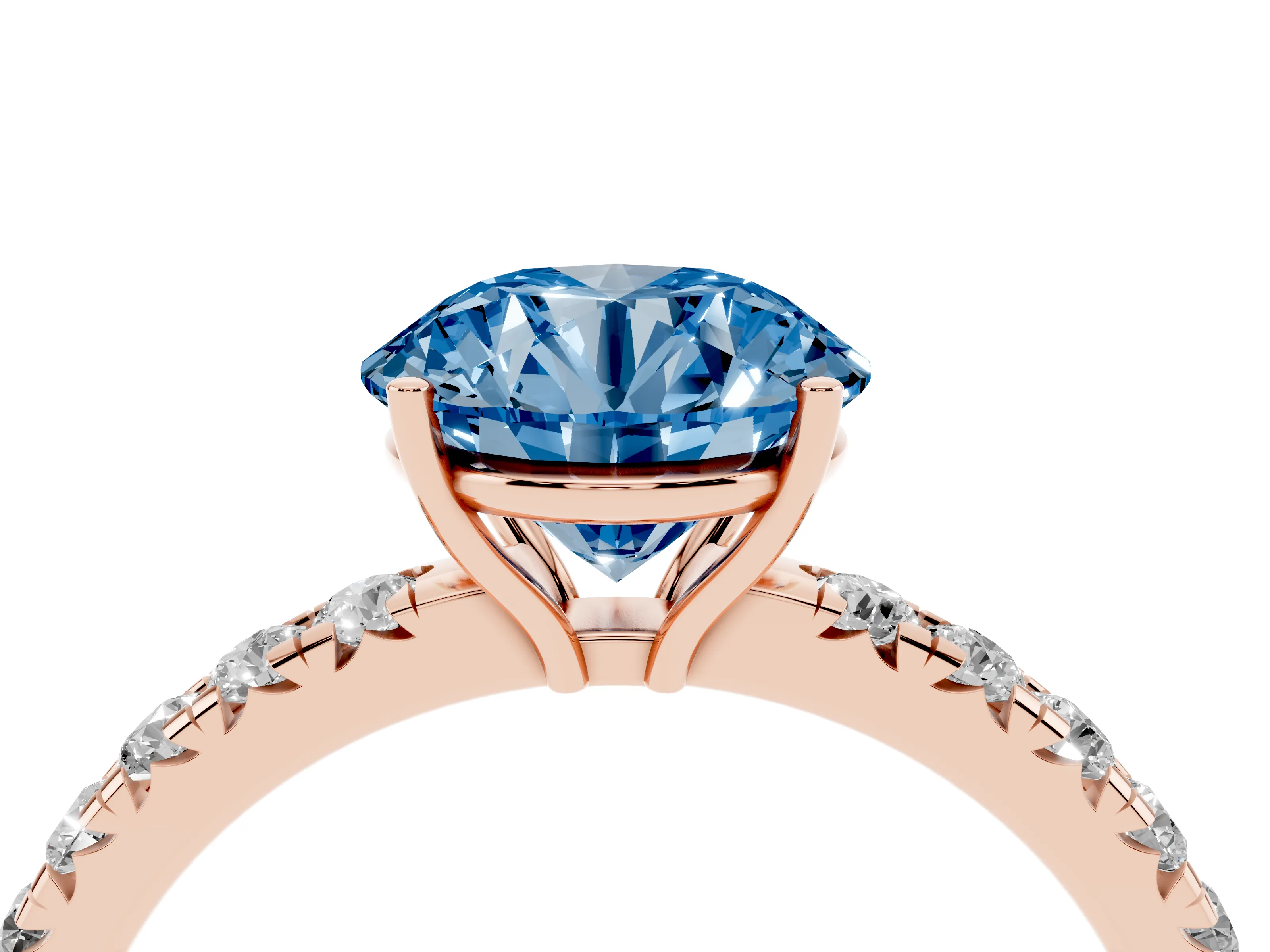 Fancy Blue Round Cut Diamond Pavé Solitaire Engagement Ring Set in Rose gold with Prong Setting