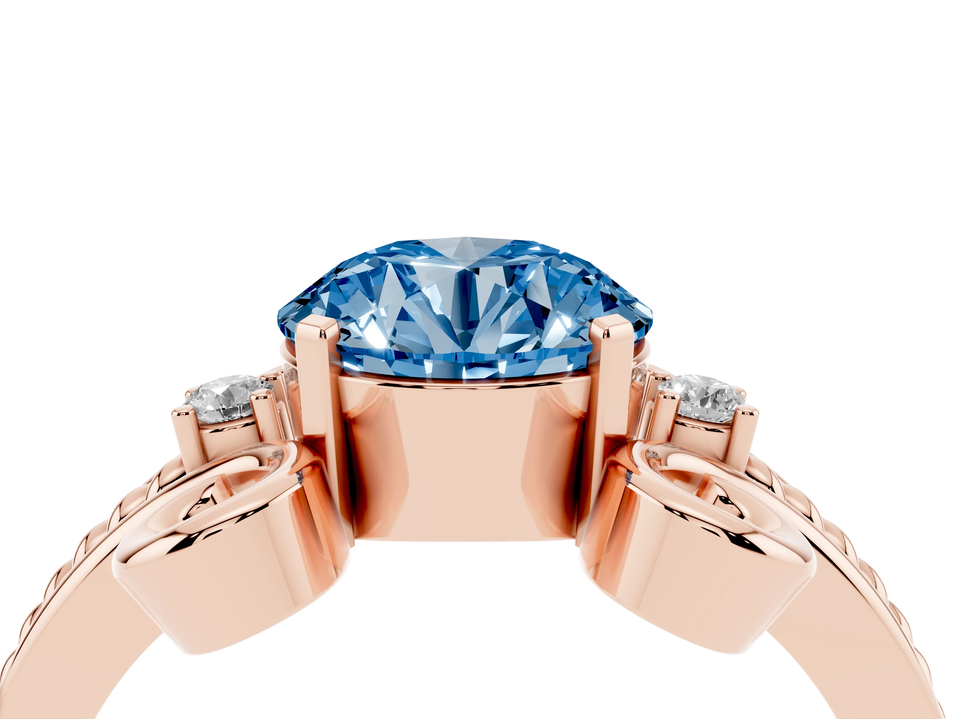 Fancy Blue Round Cut Diamond Twisted Band Solitaire Ring Set in Rose gold with Scroll Prongs