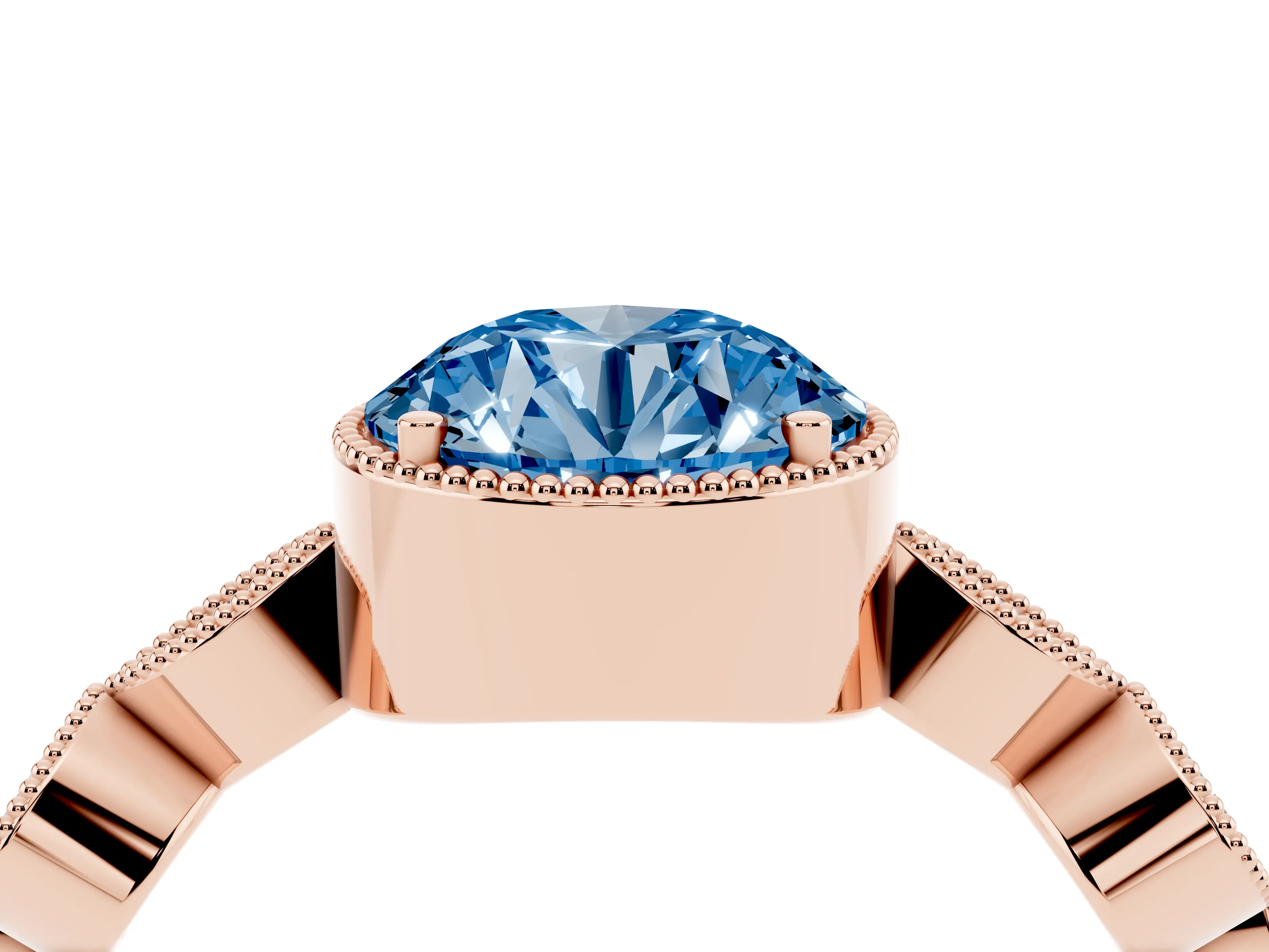 Fancy Blue Round Cut Diamond Vintage-Inspired Milgrain Ring Set in Rose gold with Marquise Stations of Round Accents
