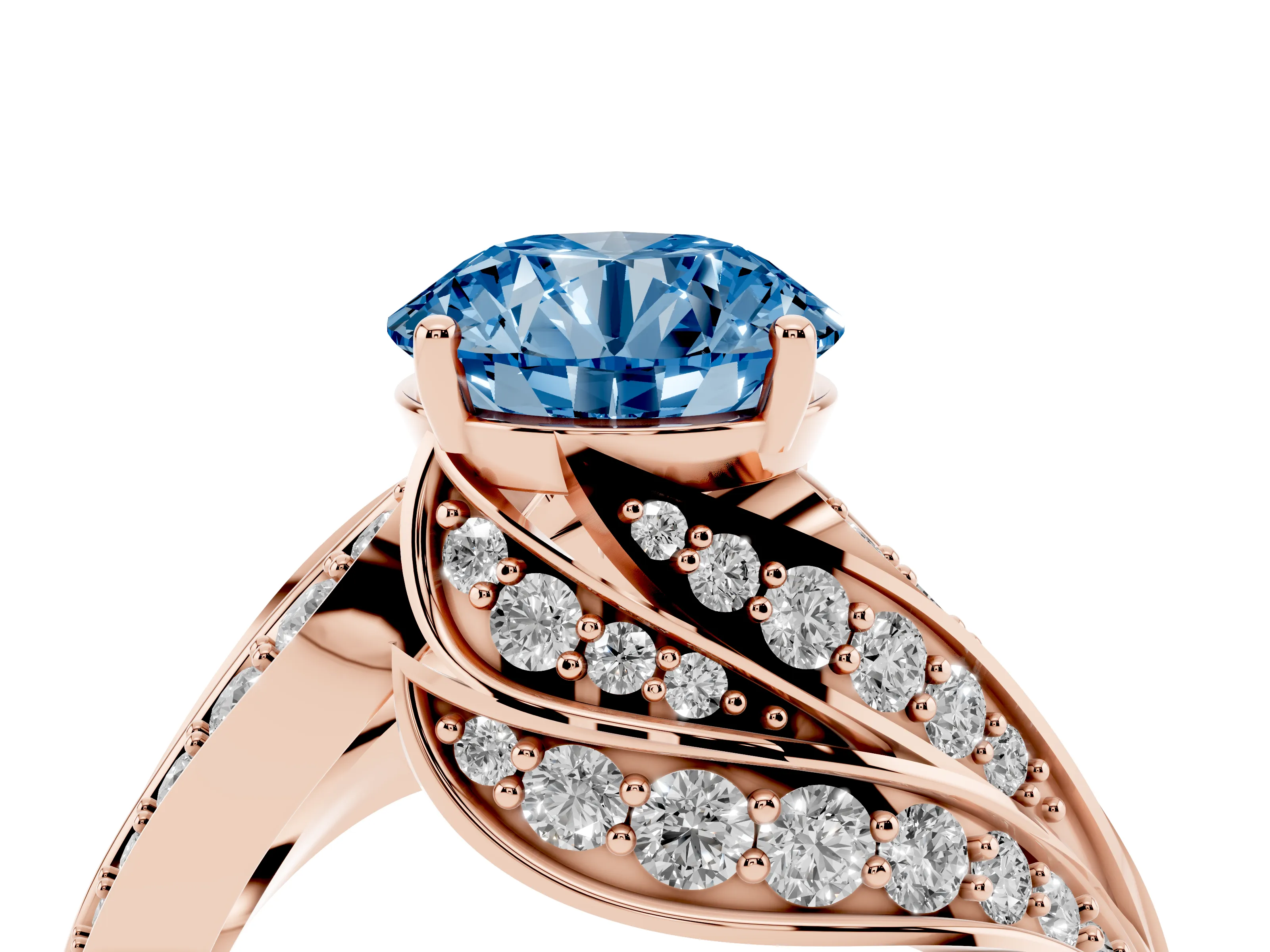 Fancy Blue Round Cut Diamond Solitaire Ring Set in Rose gold with Layered Twist Pavé Band