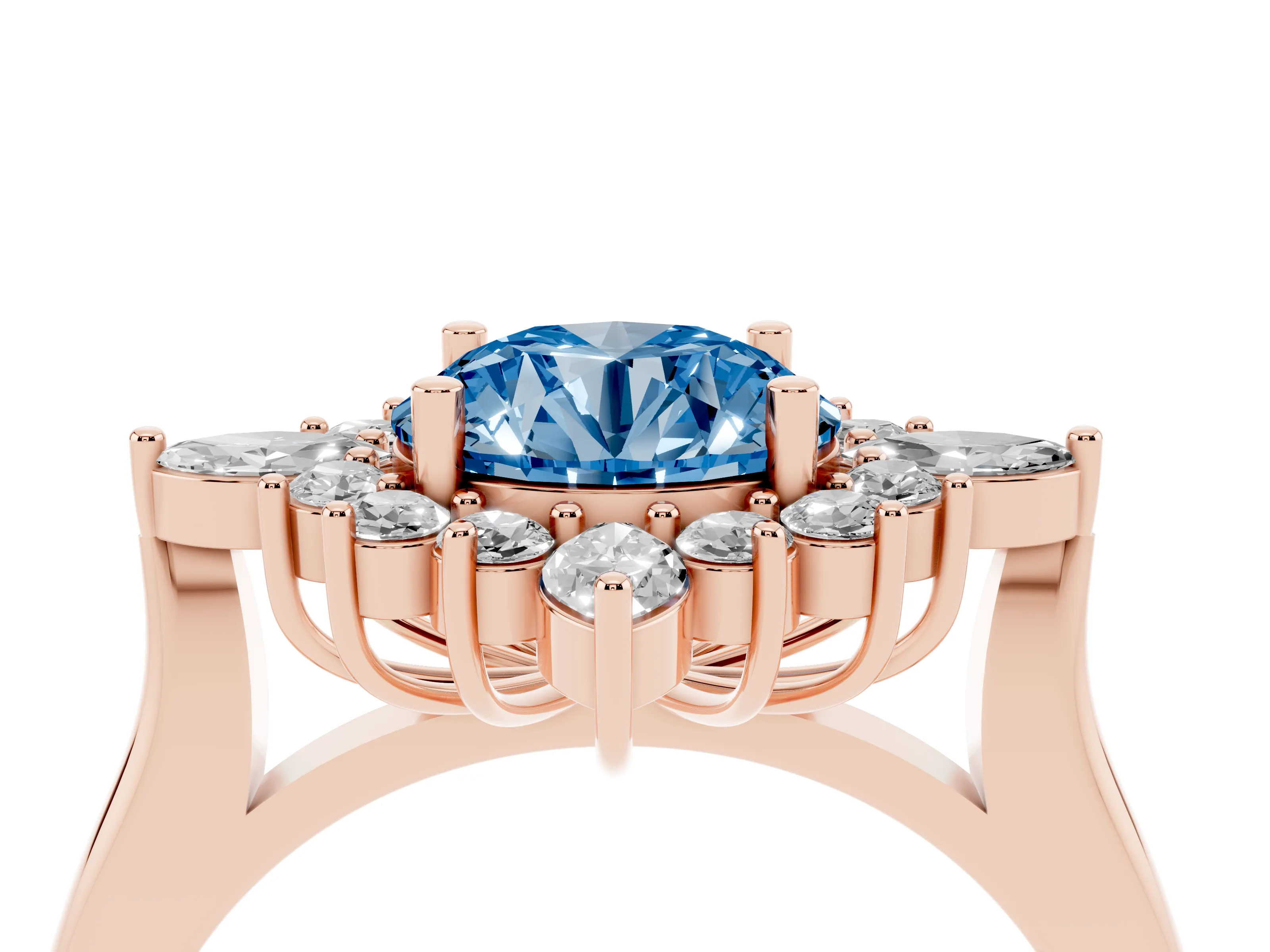 Fancy Blue Round Cut Diamond Cluster Halo Ring Set in Rose gold with Marquise and Round Accents