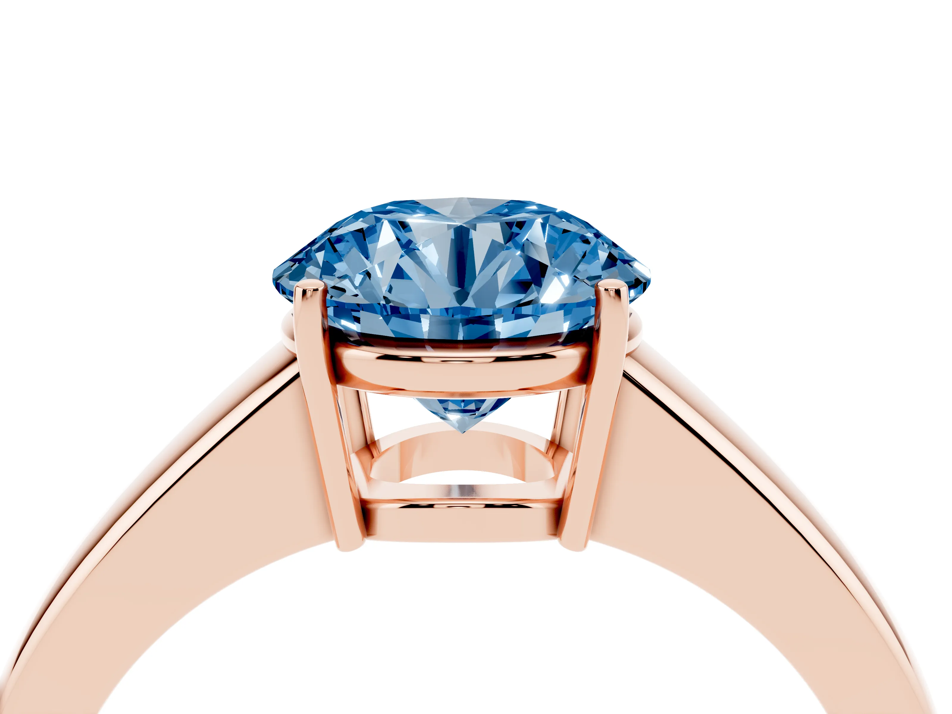 Fancy Blue Round Cut Diamond Solitaire Ring Set in Rose gold with Tapered Band and Prong Setting