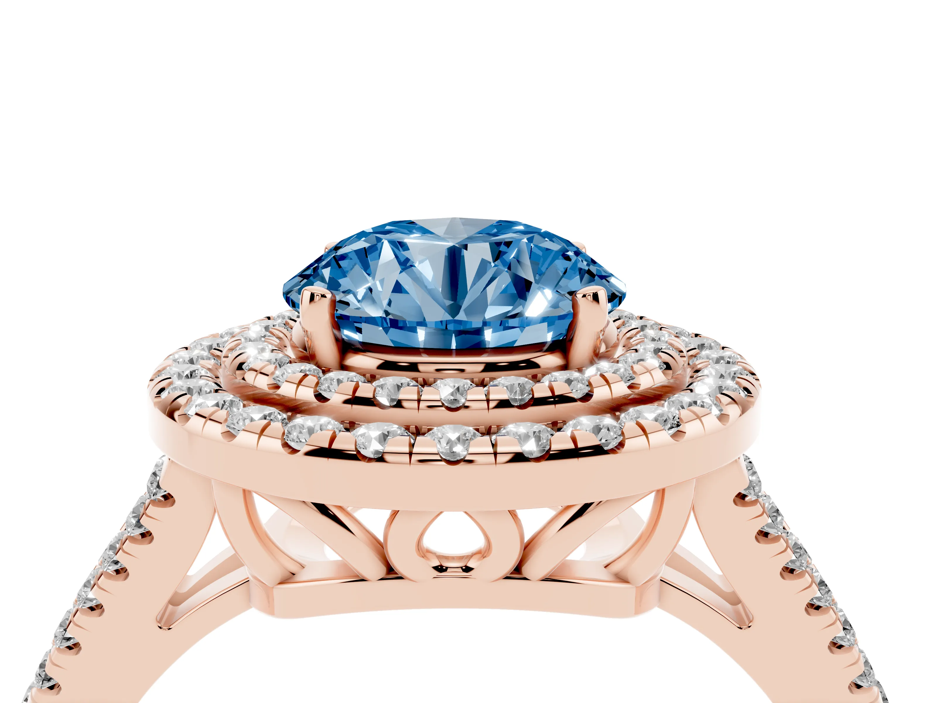 Fancy Blue Round Cut Diamond Double Halo Ring Set in Rose gold with Pavé Band
