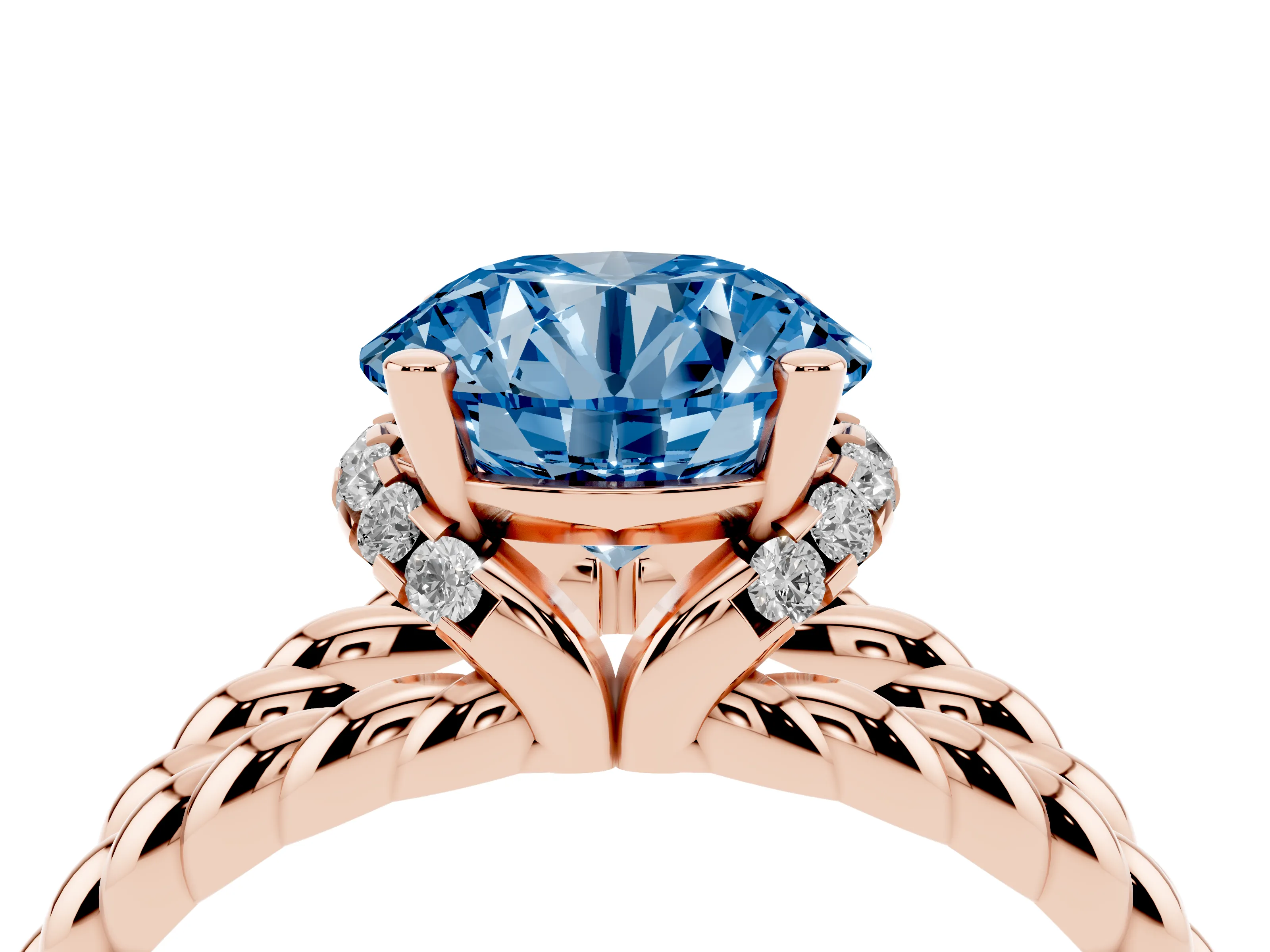 Fancy Blue Round Cut Diamond Halo Ring Set in Rose gold with Twisted Band and Prong Setting