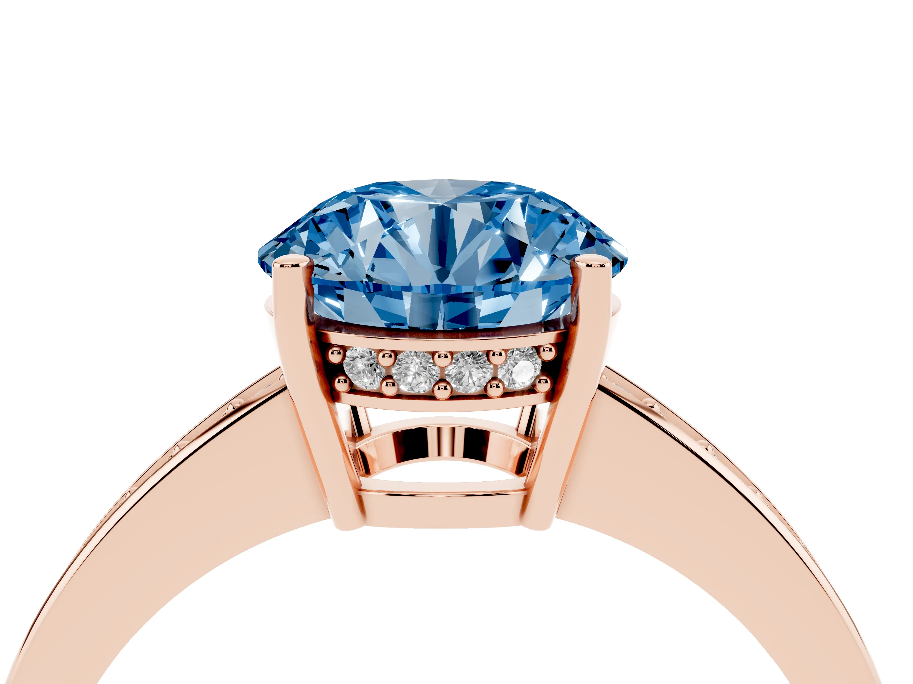 Fancy Blue Round Cut Diamond Pavé Band Prong Set Solitaire Ring Set in Rose gold
