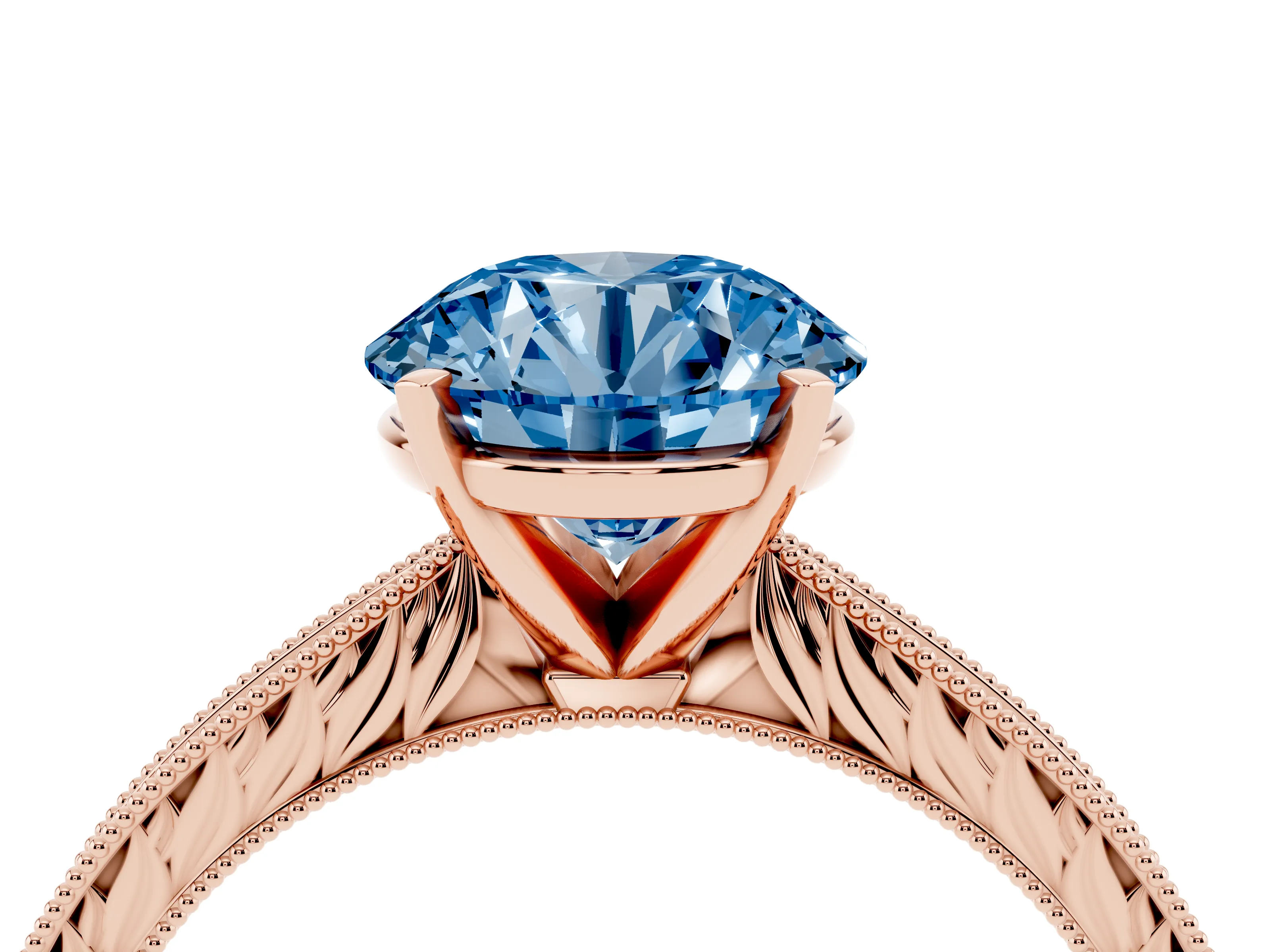 Fancy Blue Round Cut Diamond Solitaire Milgrain Engraved Band Set in Rose gold with Prong Setting