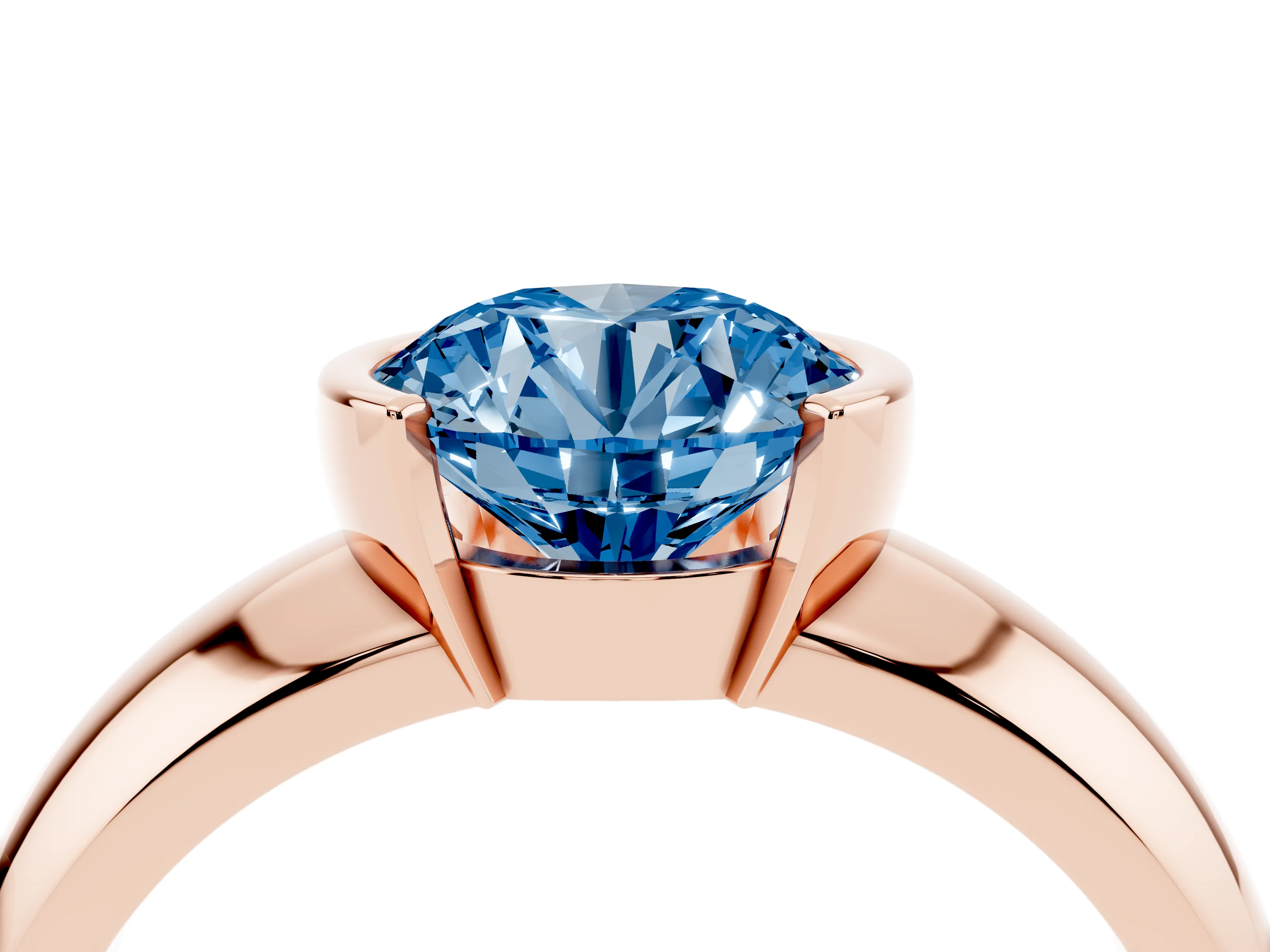 Fancy Blue Round Cut Diamond Solitaire Tension Set Ring Set in Rose gold with Wide Band