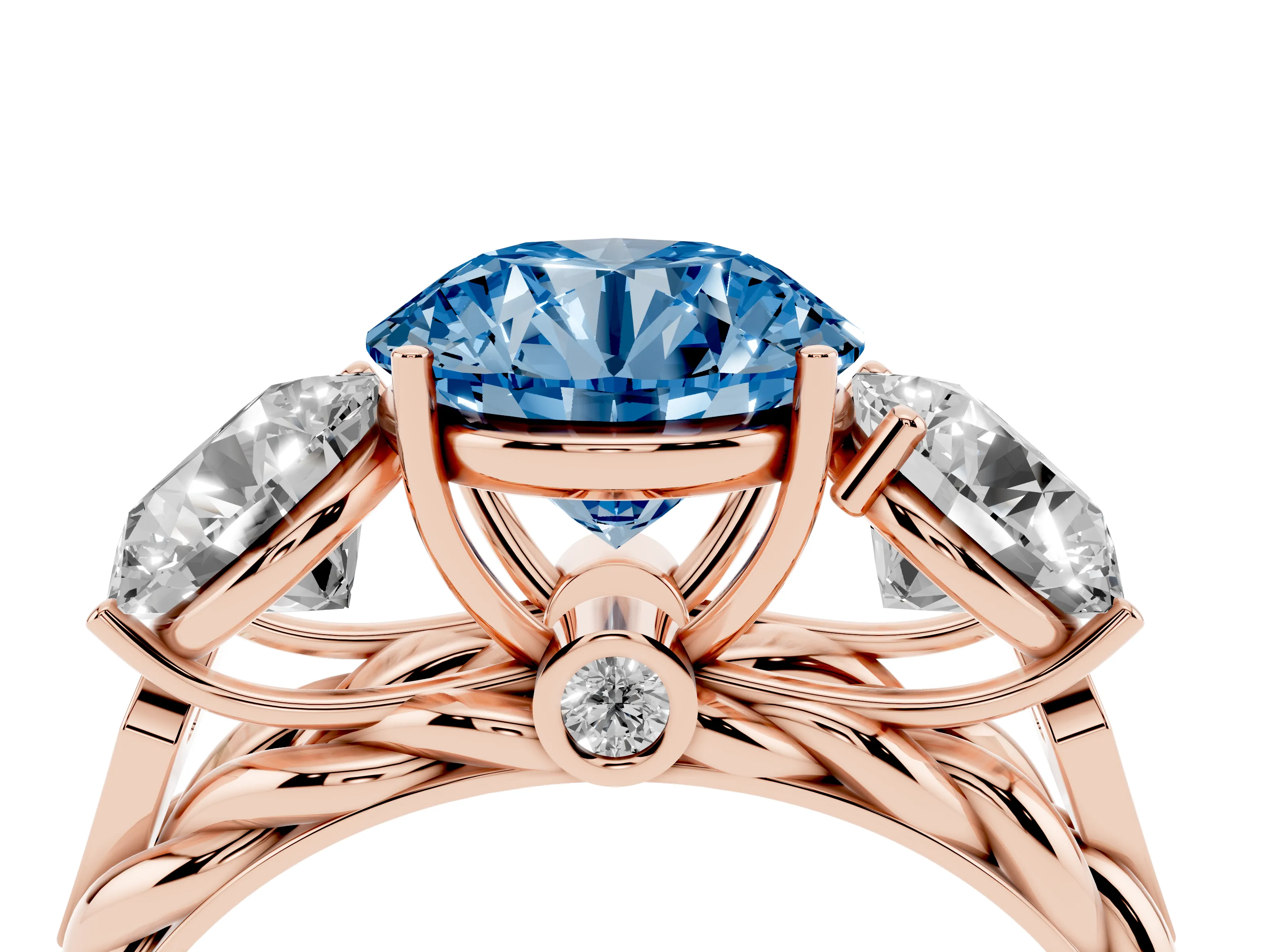 Fancy Blue Round Cut Diamond Three-Stone Ring Set in Rose gold with Braided Band