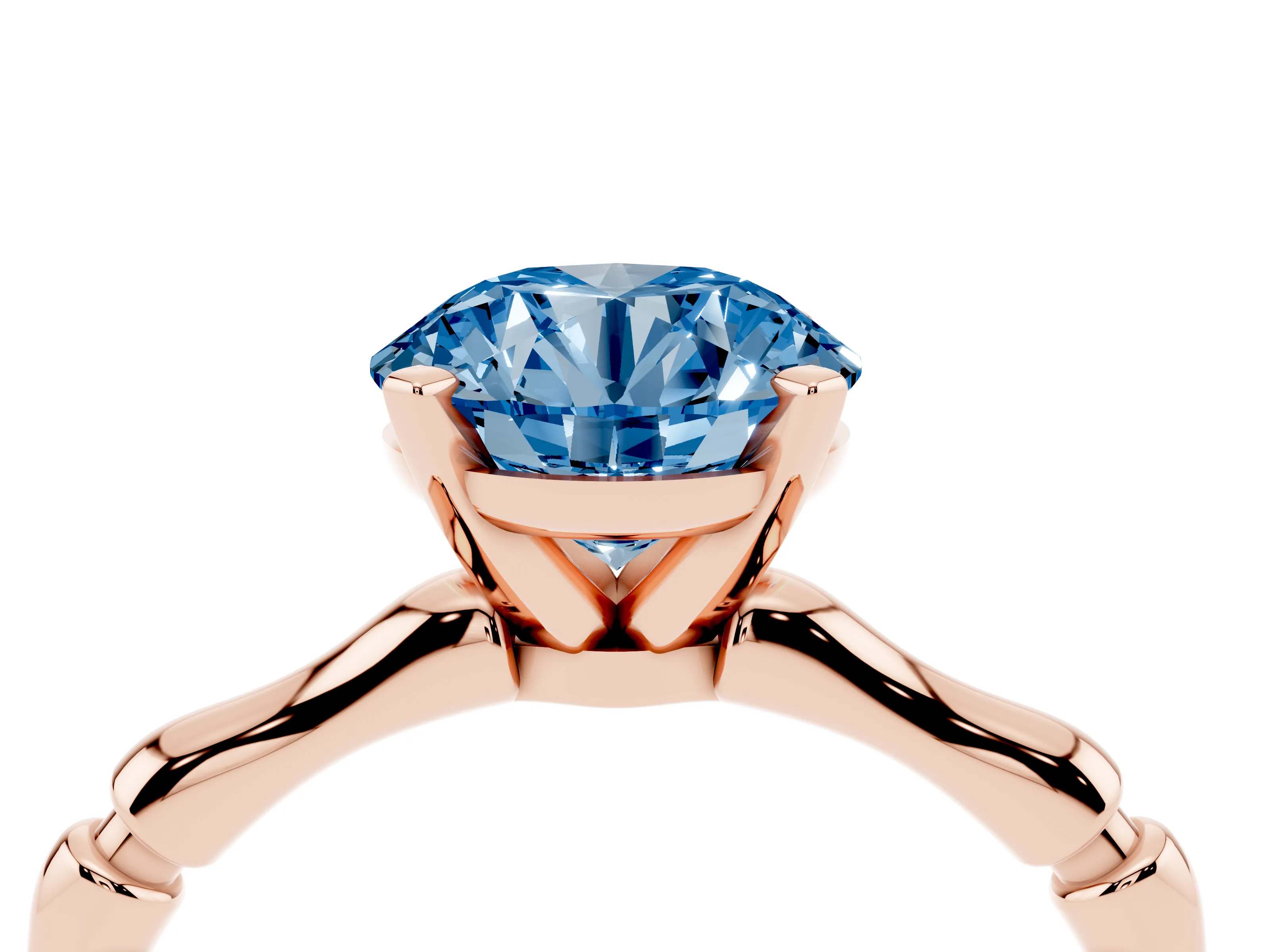 Fancy Blue Round Cut Diamond Solitaire Ring Set in Rose gold with Bamboo Band and Prong Setting