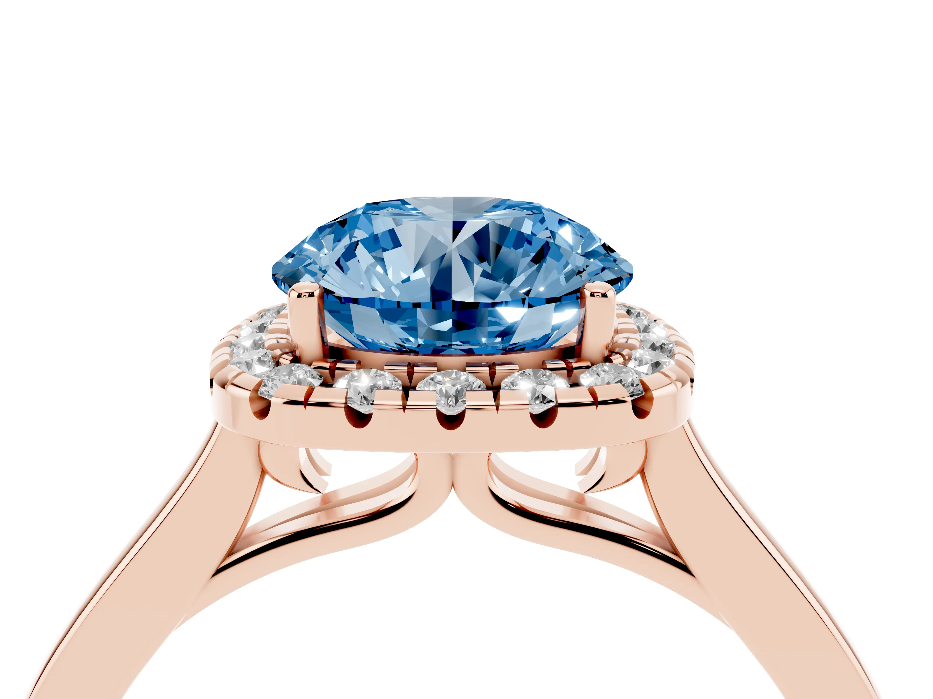 Fancy Blue Round Cut Halo Round Diamond Solitaire Ring Set in Rose gold with Pavé Band and Prong Setting