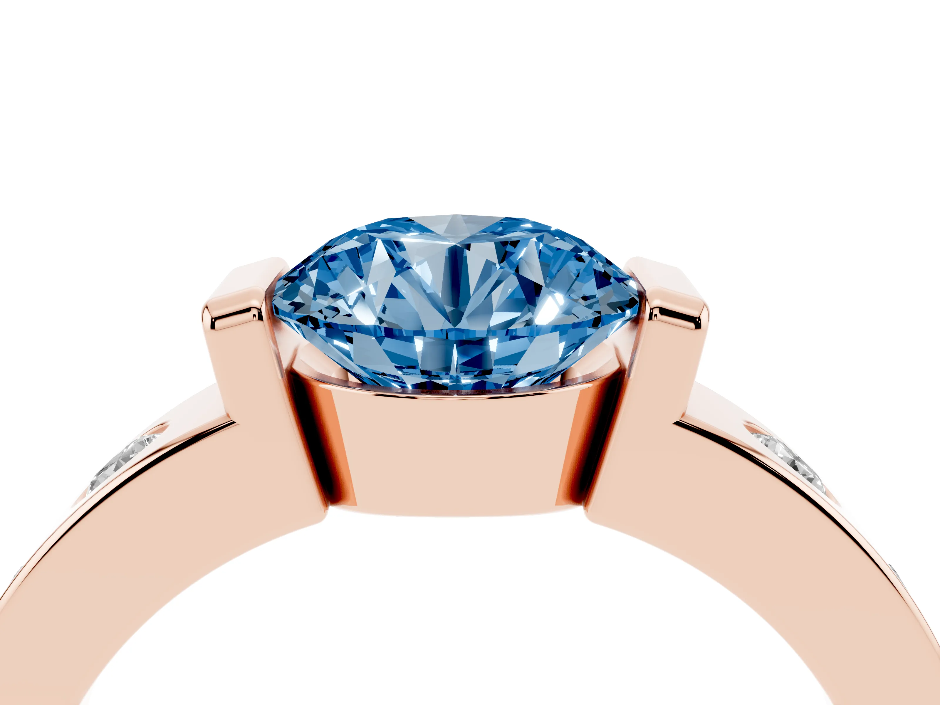 Fancy Blue Round Cut Diamond Channel-Set Band Ring Set in Rose gold with Bezel Prong Setting