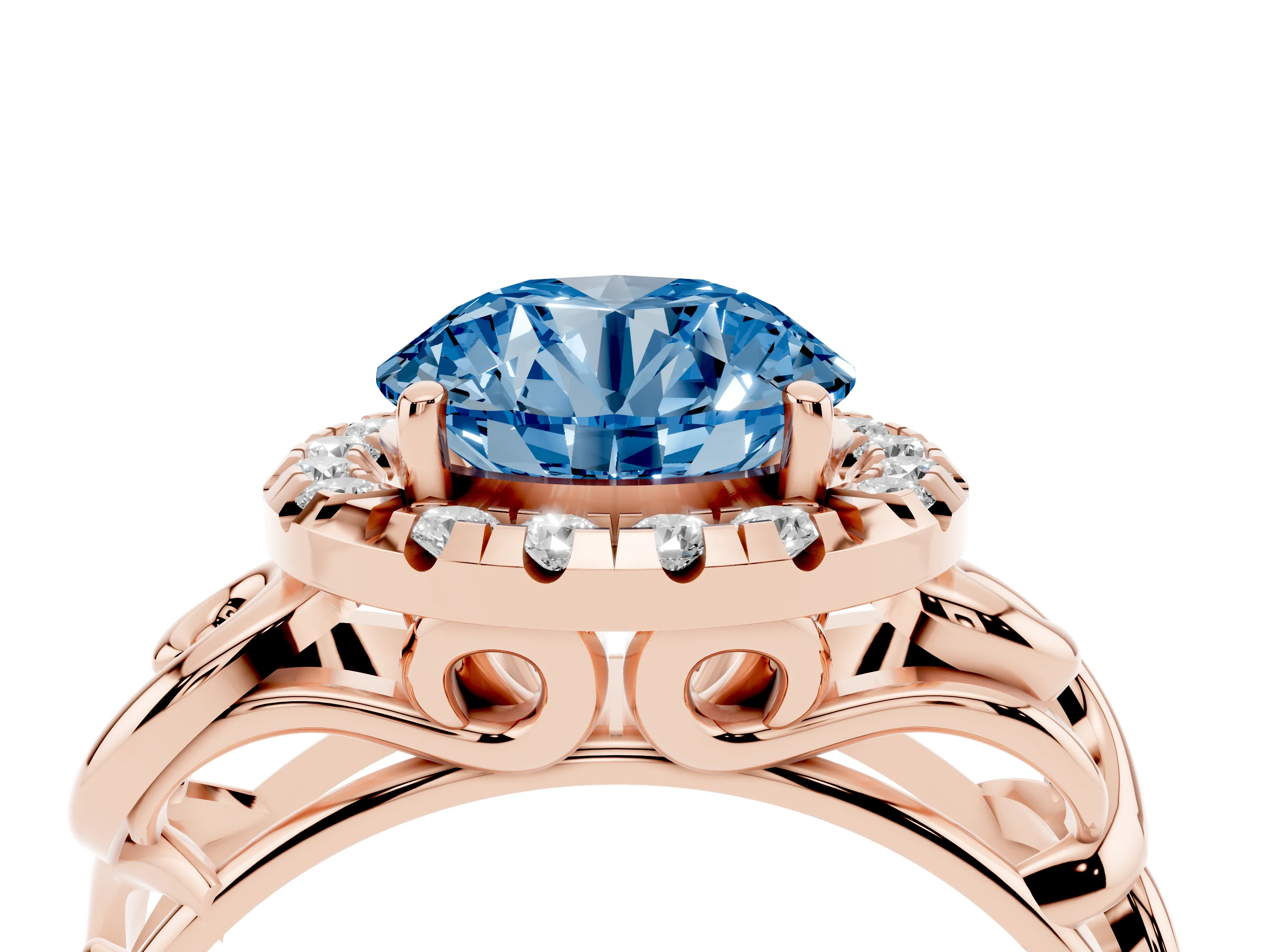 Fancy Blue Round Cut Diamond Halo Ring Set in Rose gold with Scrollwork Band and Prong Setting