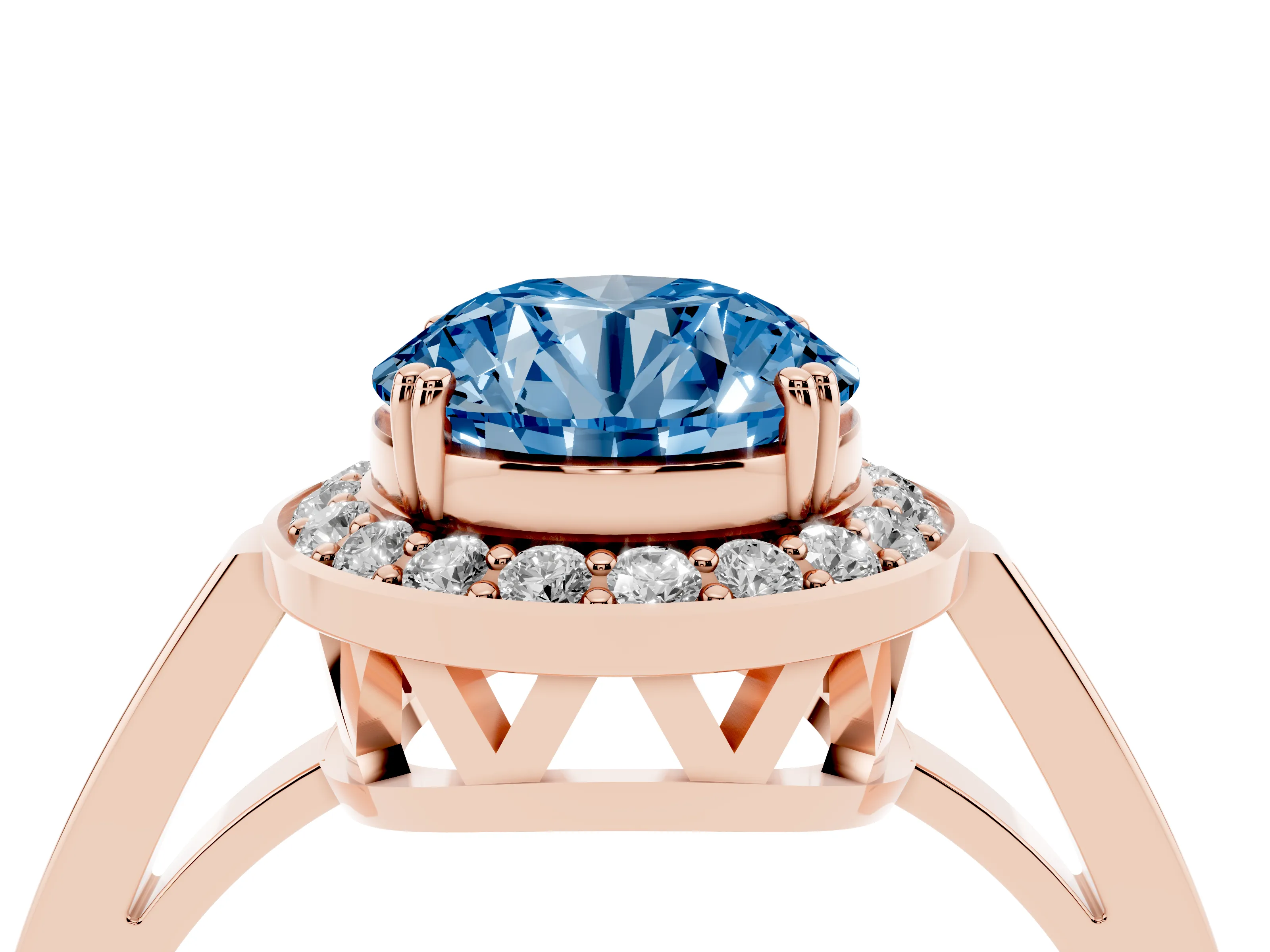 Fancy Blue Round Cut Diamond Halo Ring Set in Rose gold with Accent-Lined Split Shank and Prong Setting