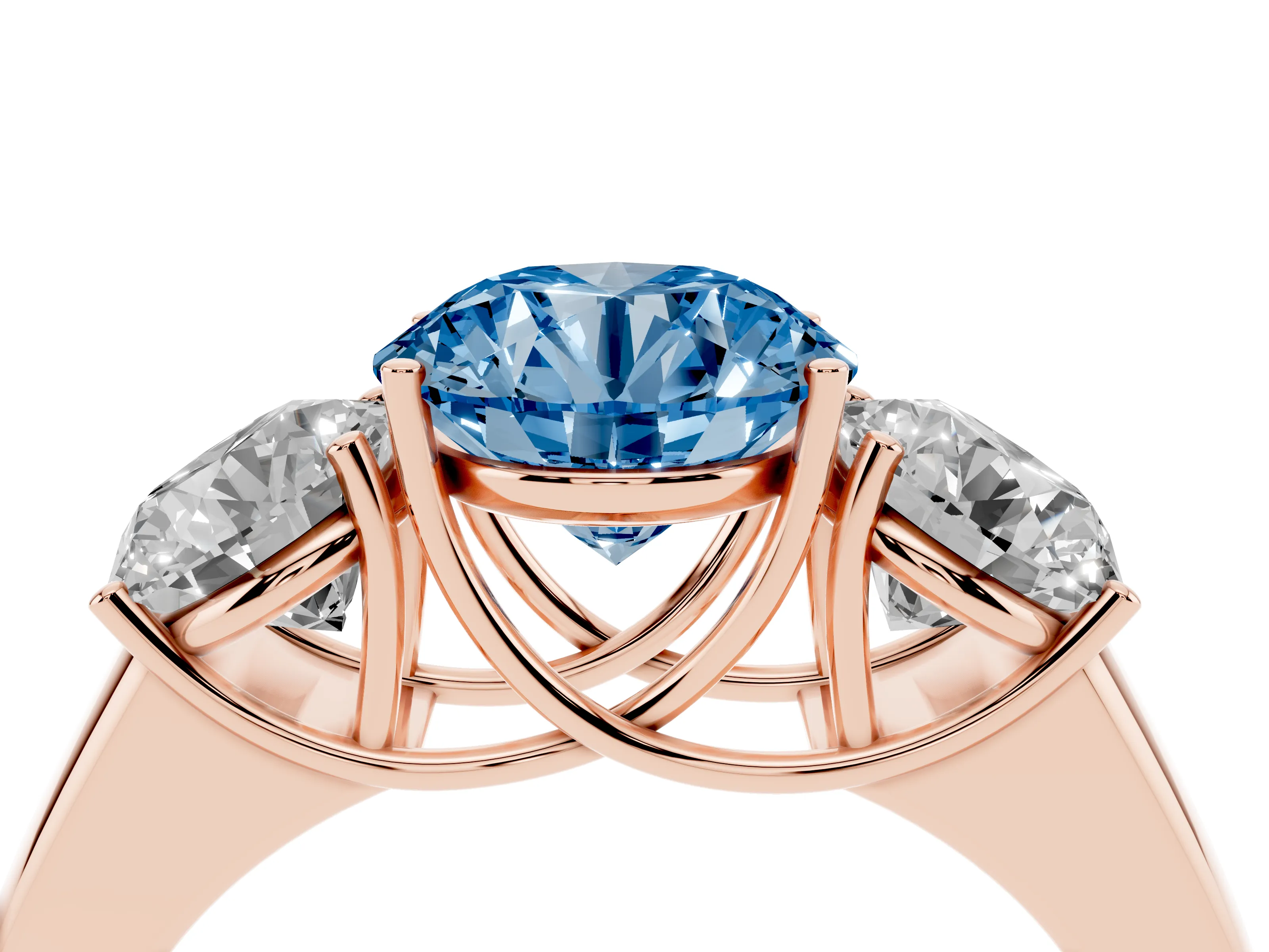 Fancy Blue Three-Stone Round Cut Diamond Ring Set in Rose gold with Matching Prong Settings and Plain Band