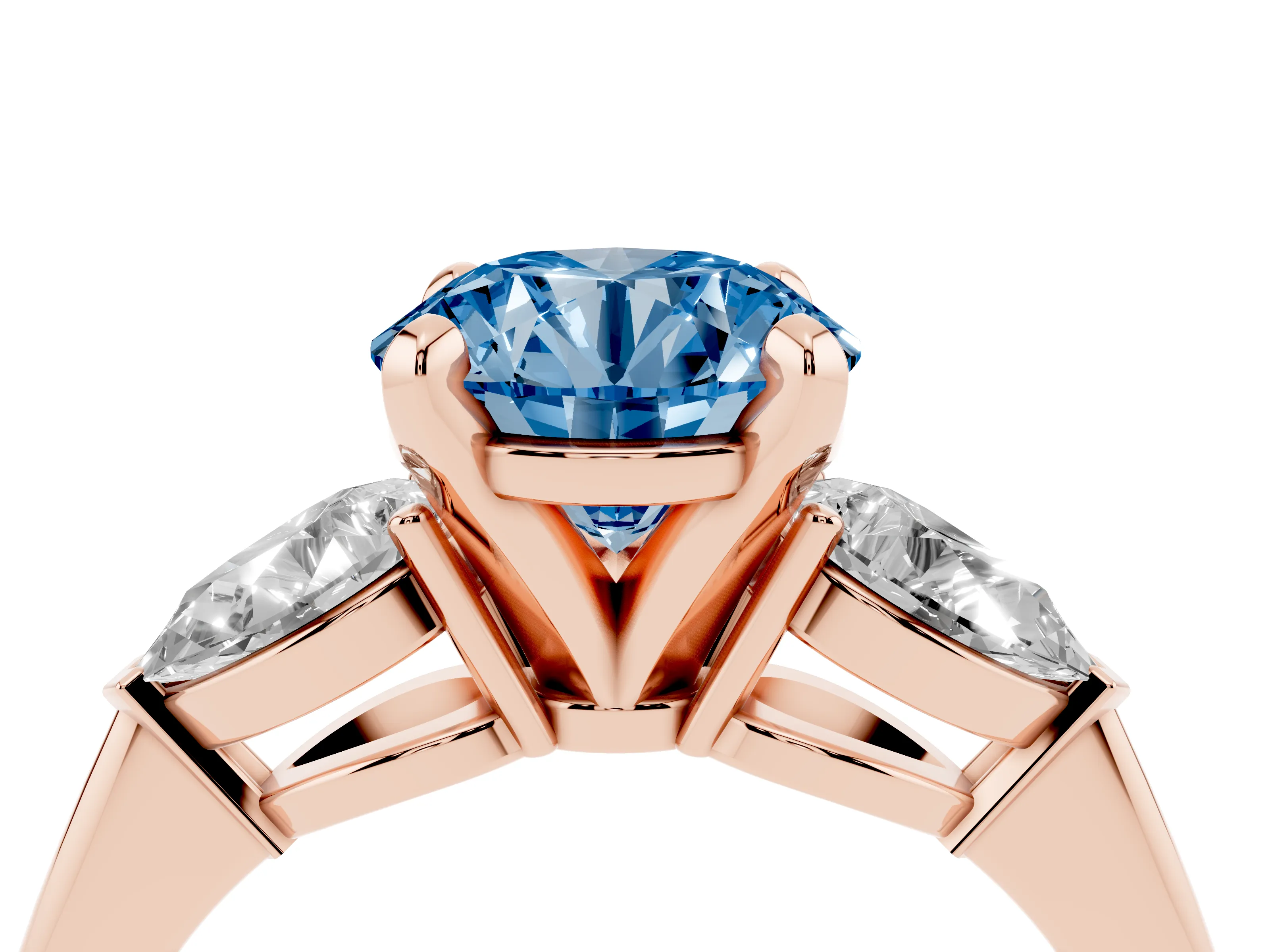 Fancy Blue Three-Stone Round Cut Diamond Ring Set in Rose gold with Pear Side Stones and Prong Setting