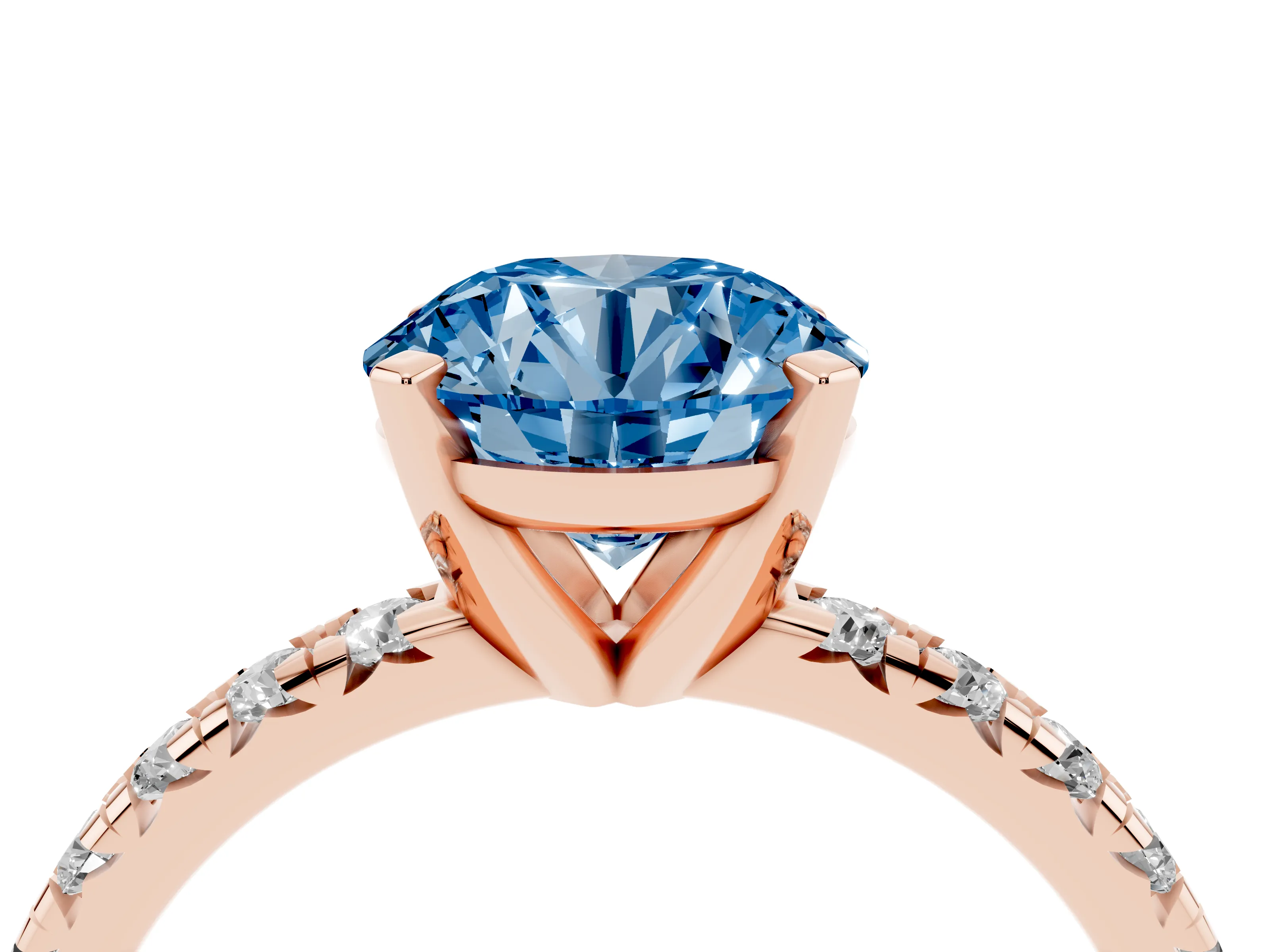 Fancy Blue Round Cut Diamond Solitaire Pavé Engagement Ring Set in Rose gold with Round Band and Prong Setting