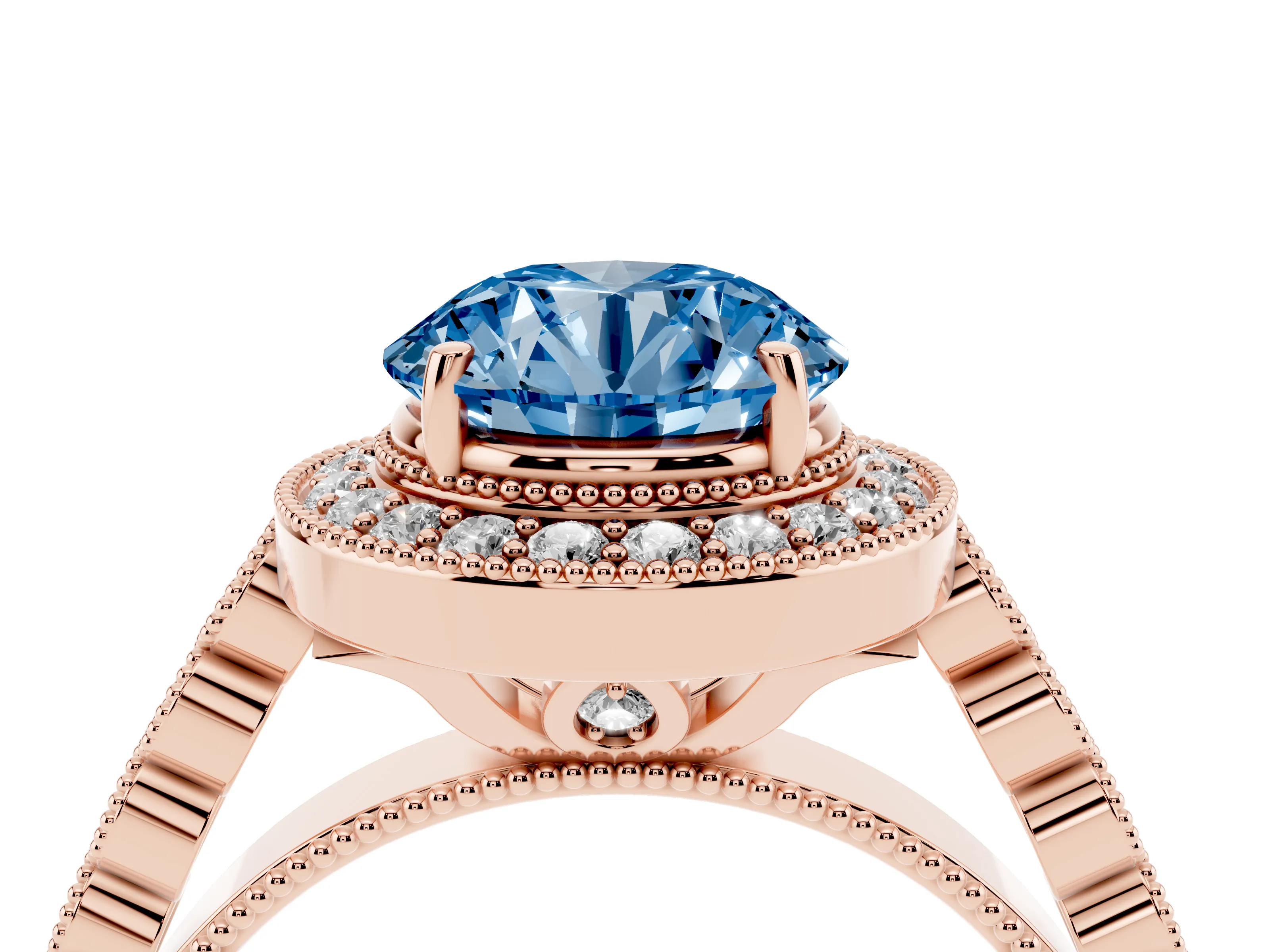 Fancy Blue Round Cut Diamond Milgrain Halo Solitaire Ring Set in Rose gold with Bezel Set Side Stones and Pavé Band