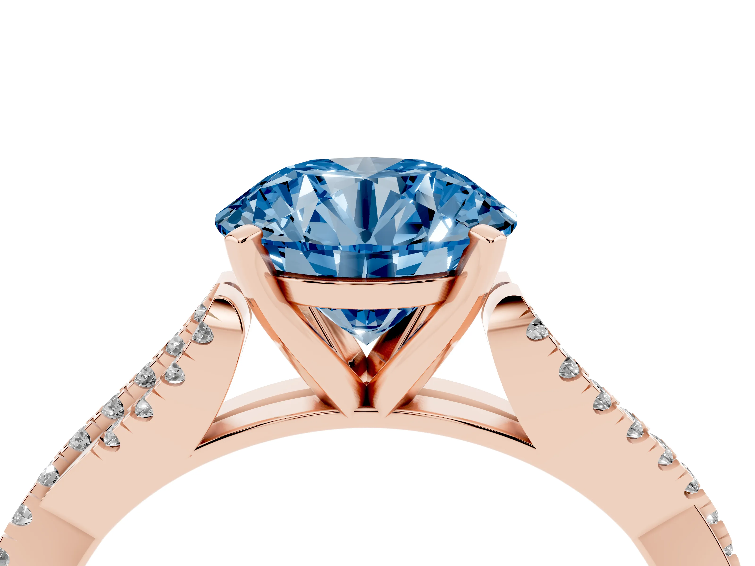 Fancy Blue Round Cut Diamond Solitaire Engagement Ring Set in Rose gold with Twisted Pavé Band and Prong Setting