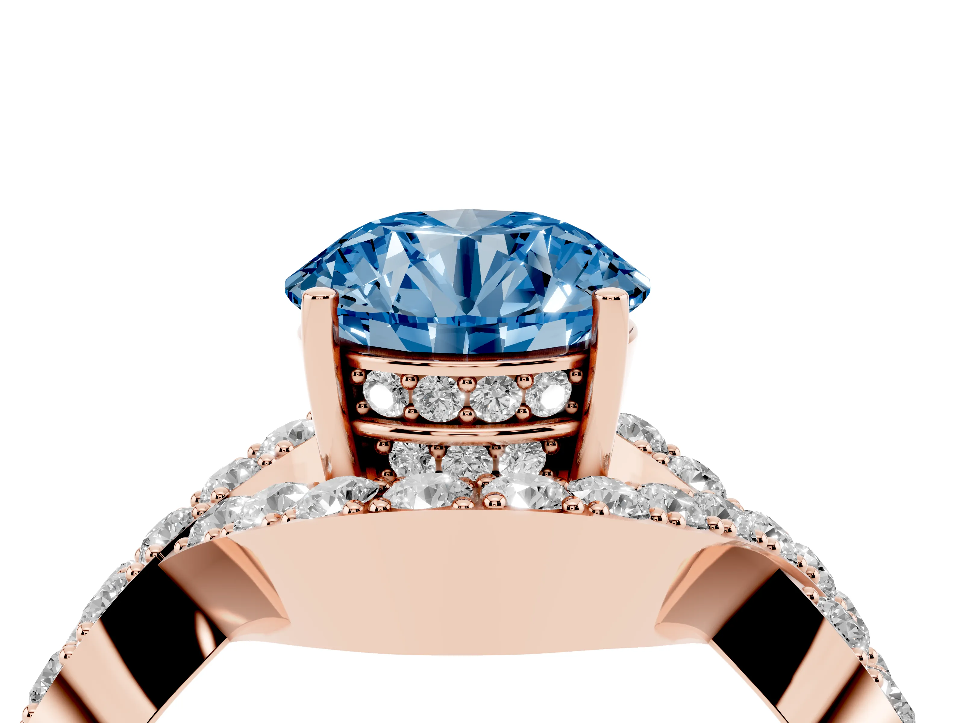 Fancy Blue Round Cut Diamond Solitaire Twist Band Pavé Engagement Ring Set in Rose gold