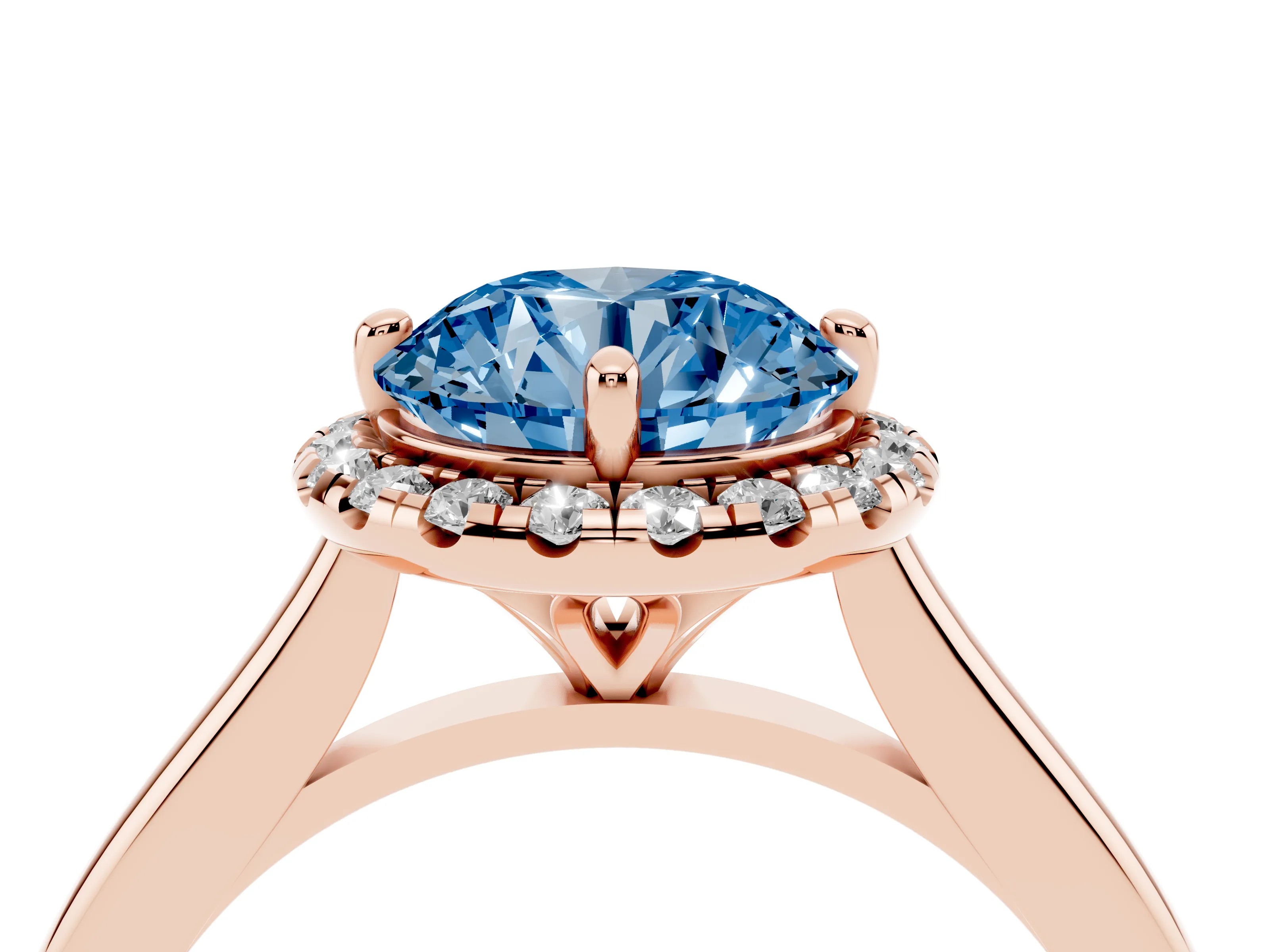 Fancy Blue Round Cut Diamond Halo Engagement Ring Set in Rose gold with Pavé Band and Rising Shoulders