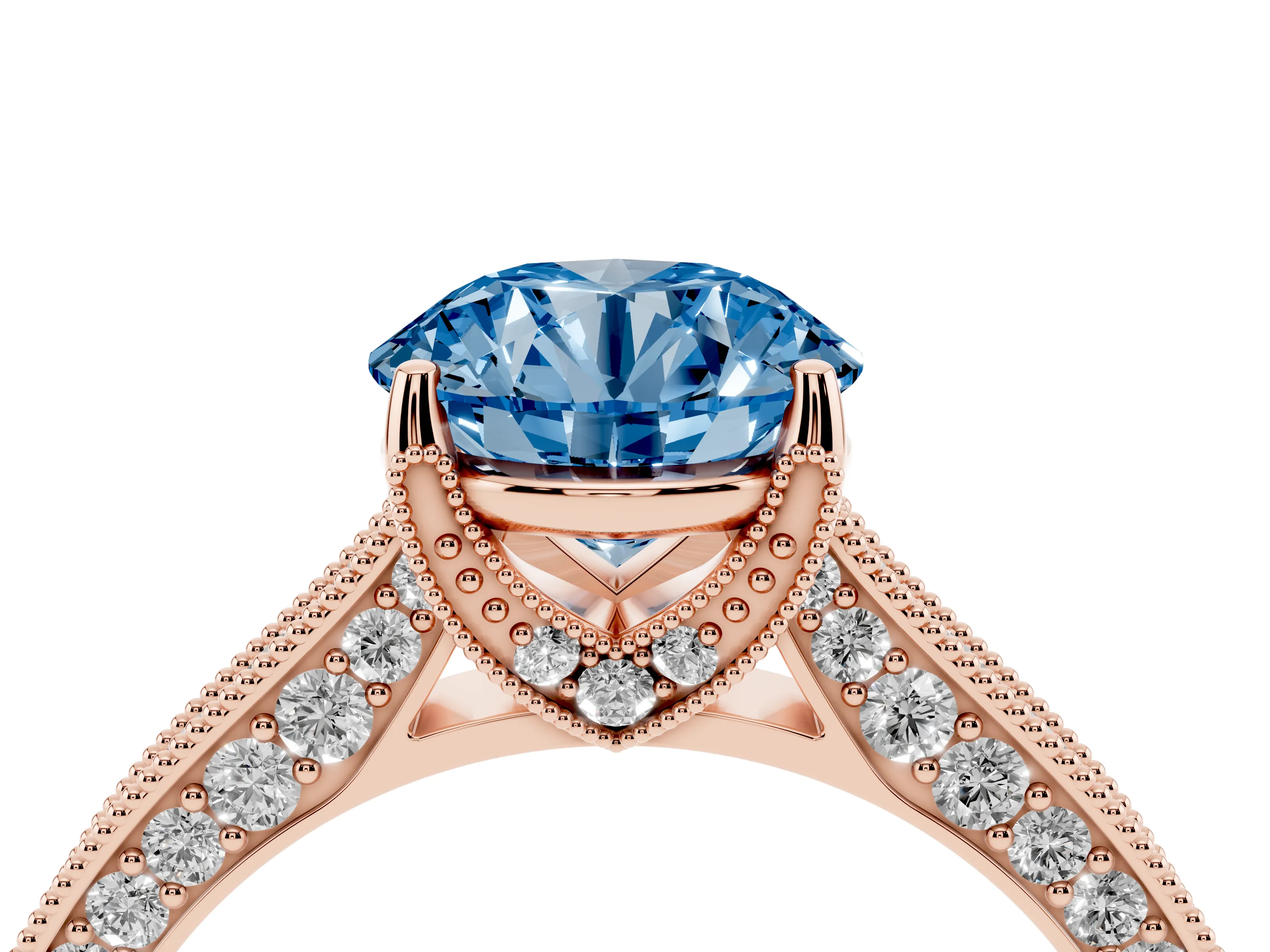 Fancy Blue Round Cut Diamond Solitaire Ring Set in Rose gold with Milgrain-Edged Pavé Band and Prong Setting