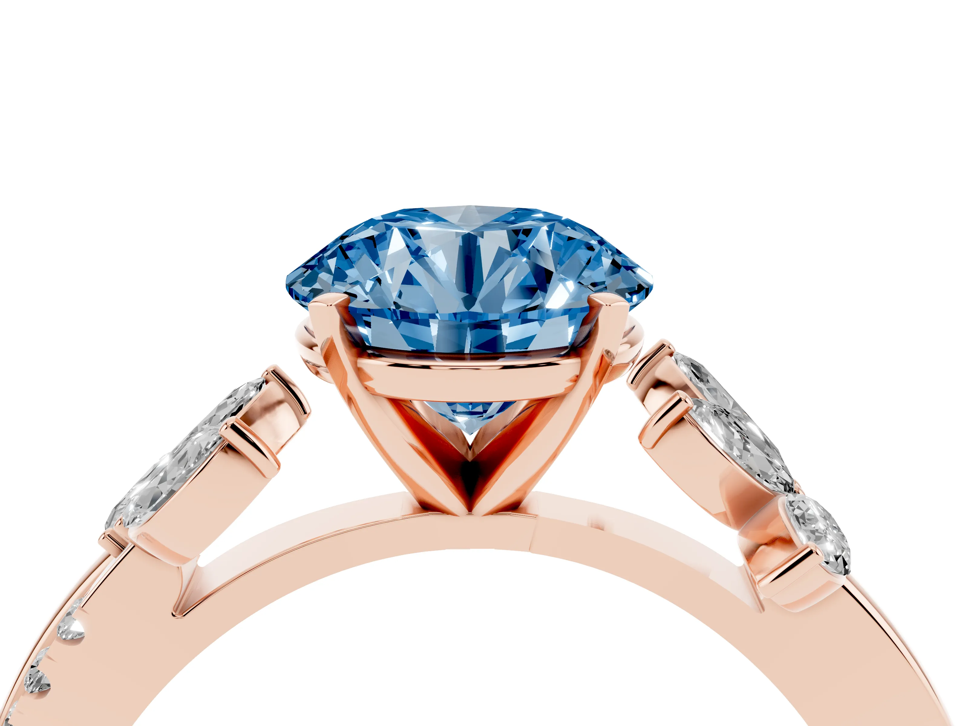 Fancy Blue Round Cut Diamond Floral Vine Solitaire Engagement Ring Set in Rose gold with Marquise Leaves